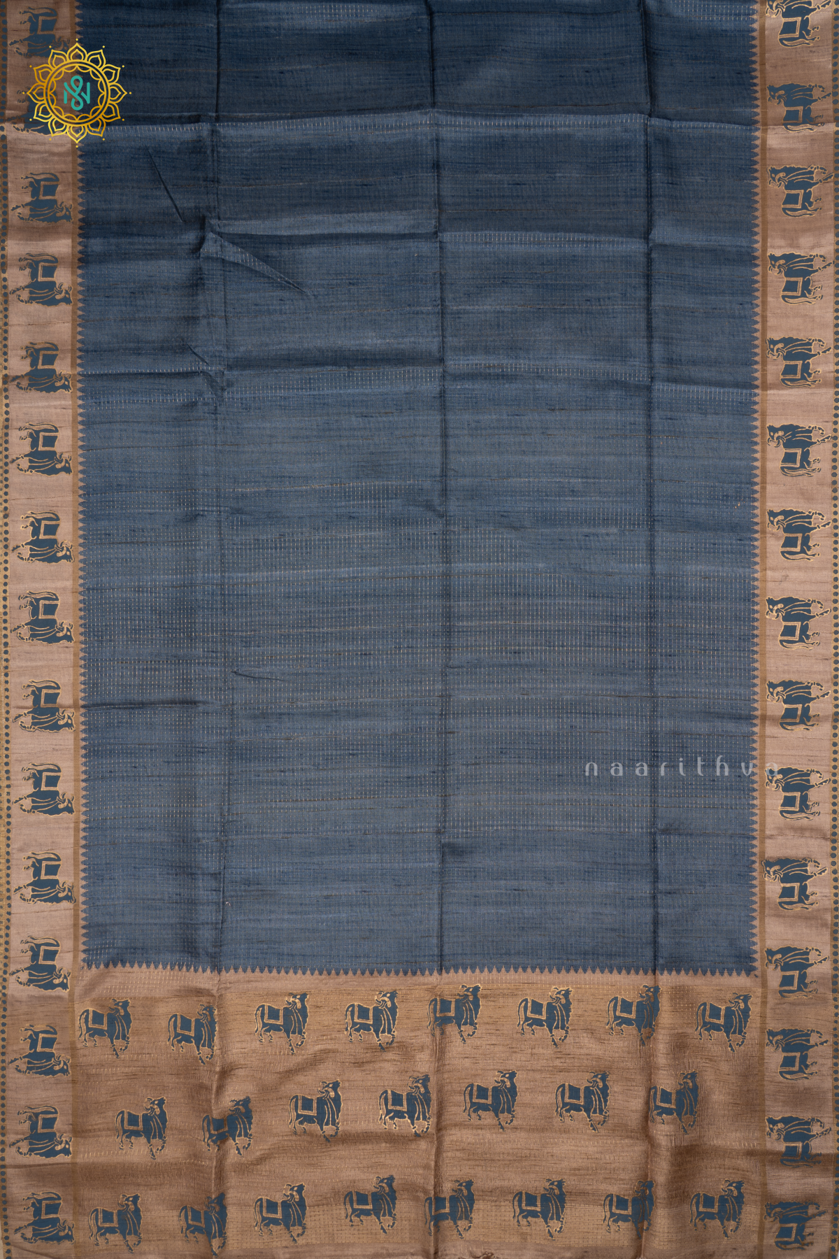 Blue With Beige Semi Tussar Silk Saree With Zari Stripes On The Body, Printed Border And Contrast Blouse