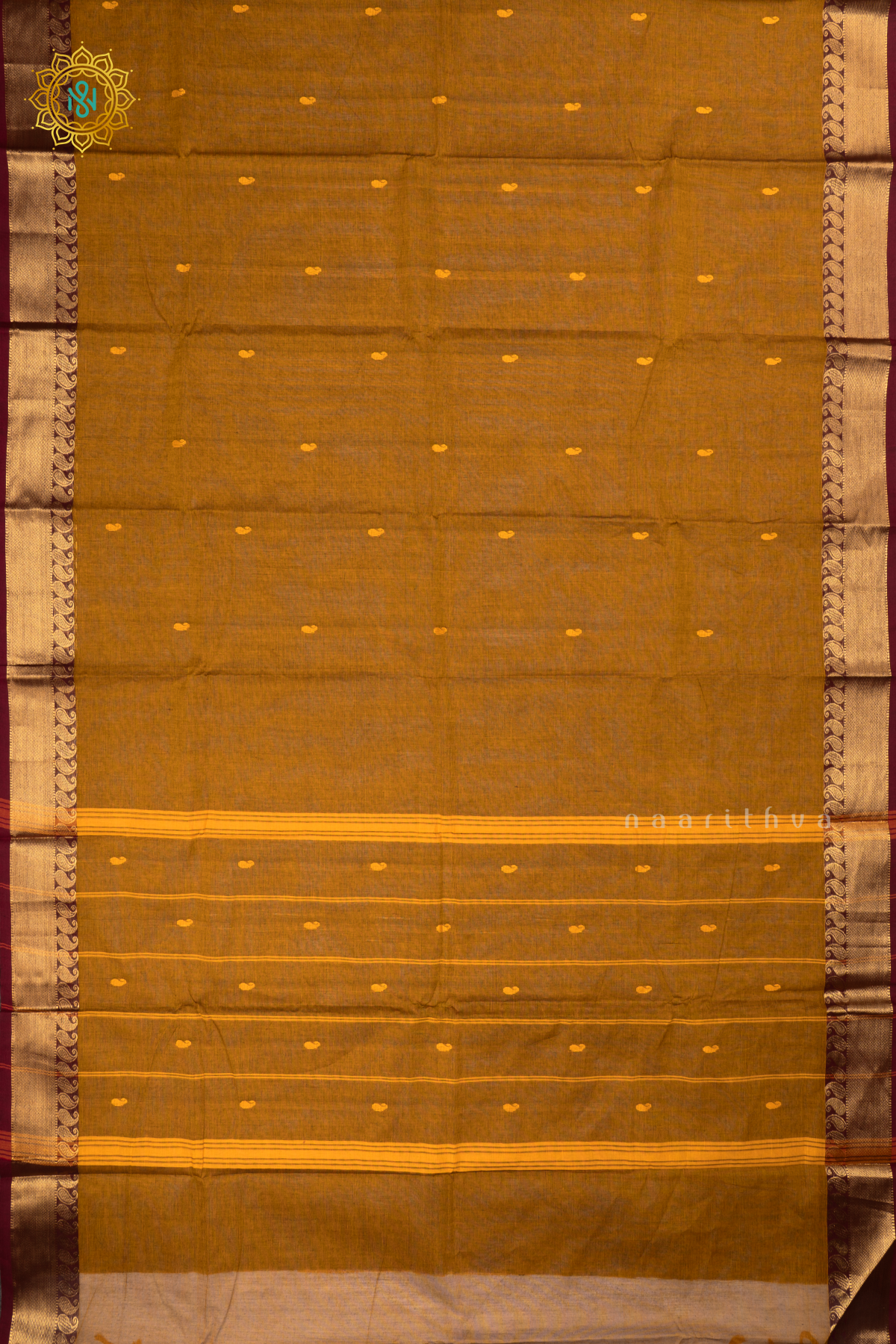 Mustard With Maroon - Chettinad Cotton Saree Allover Thread Woven Buttas With Contrast Zari Border