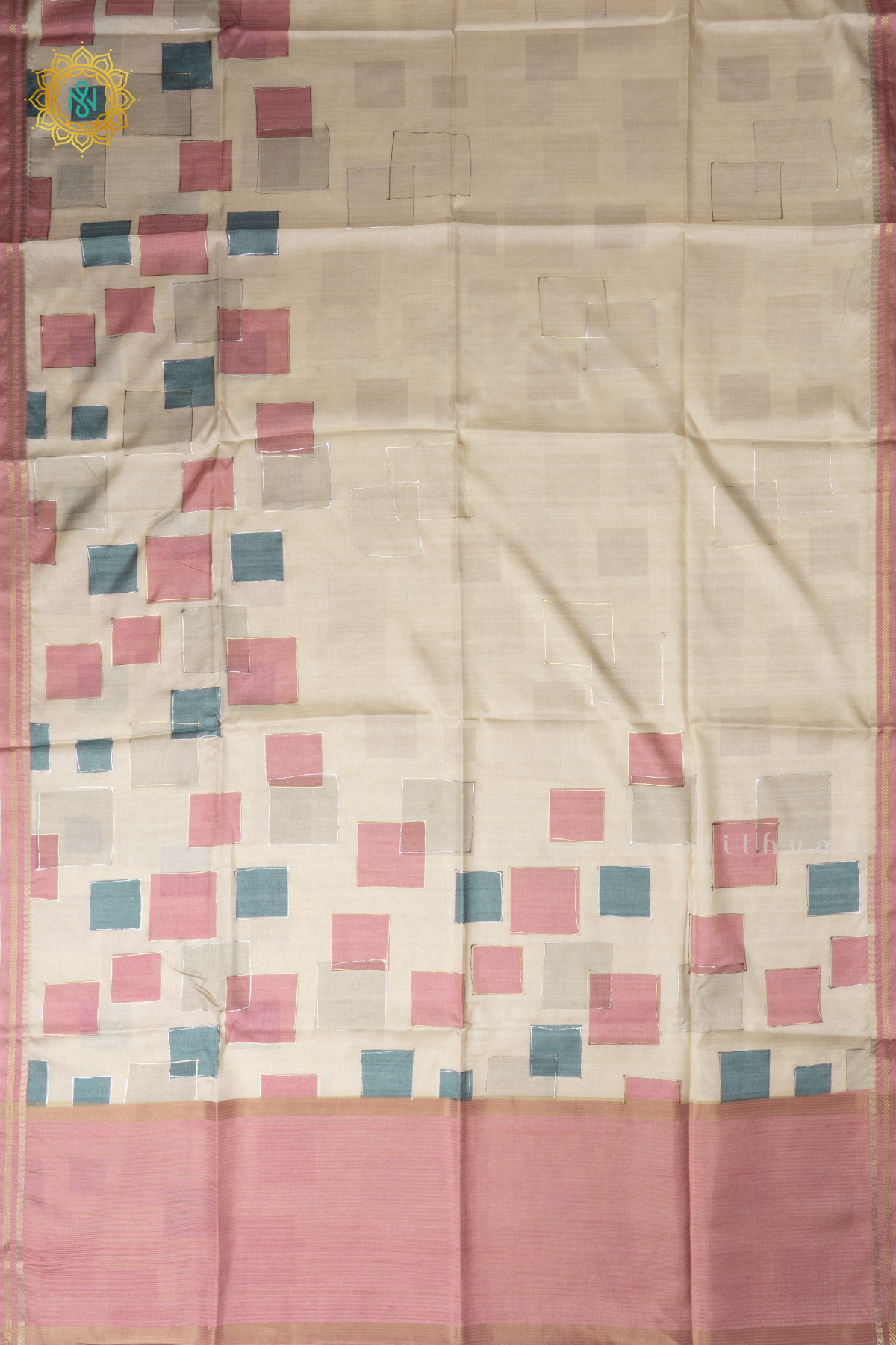 Off White With Dark Peach Semi Tussar Silk Saree With Allover Geometrical Prints On The Body With Contrast Pallu