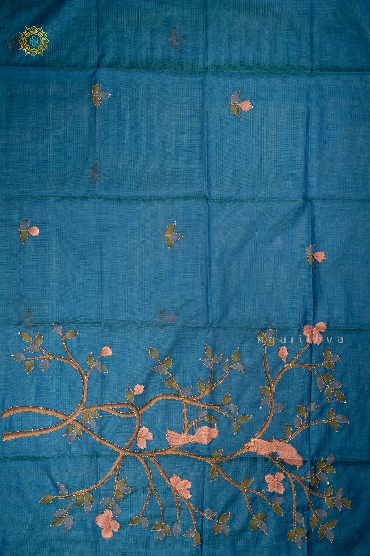 Blue Kota Organza With Hand-Painted And Katha Work On The Body