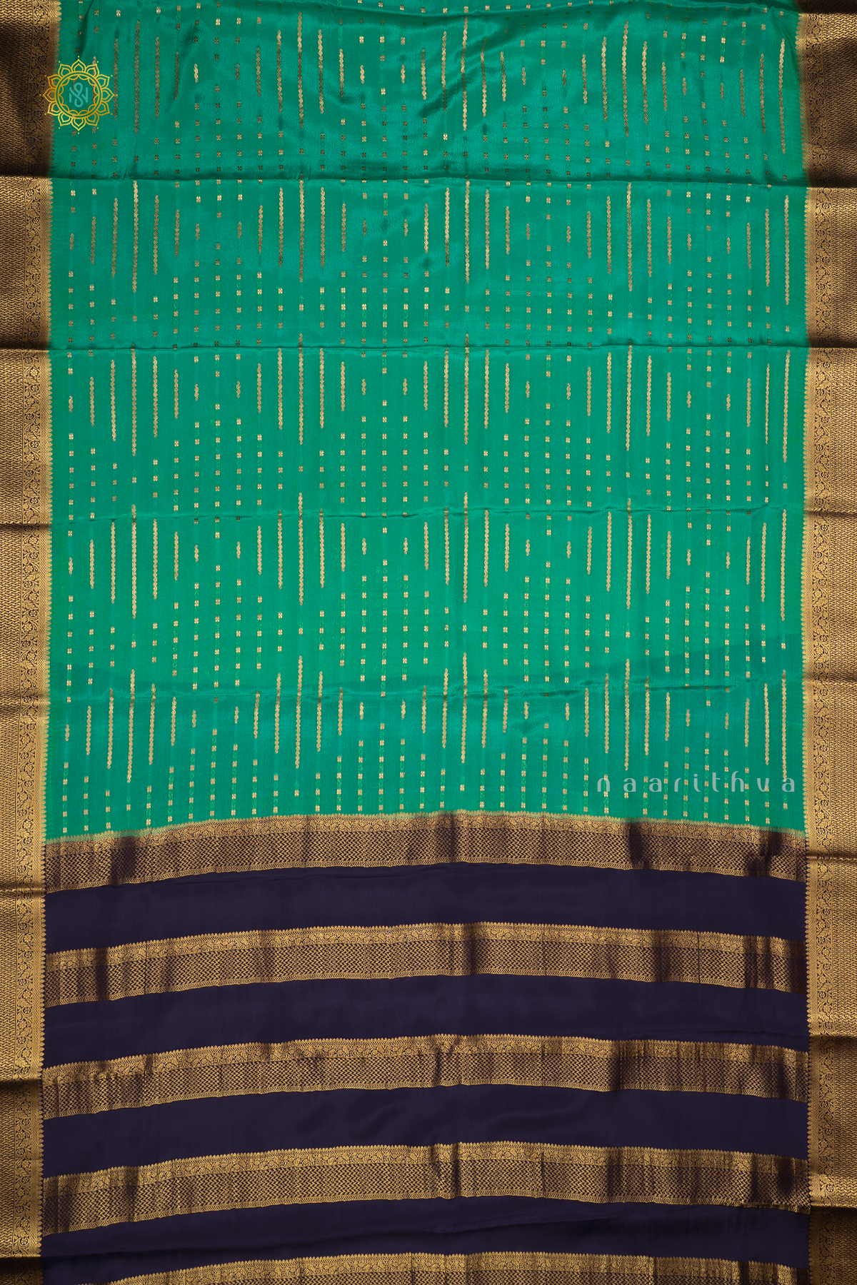AQUA GREEN WITH NAVY BLUE - PURE MYSORE CREPE SILK