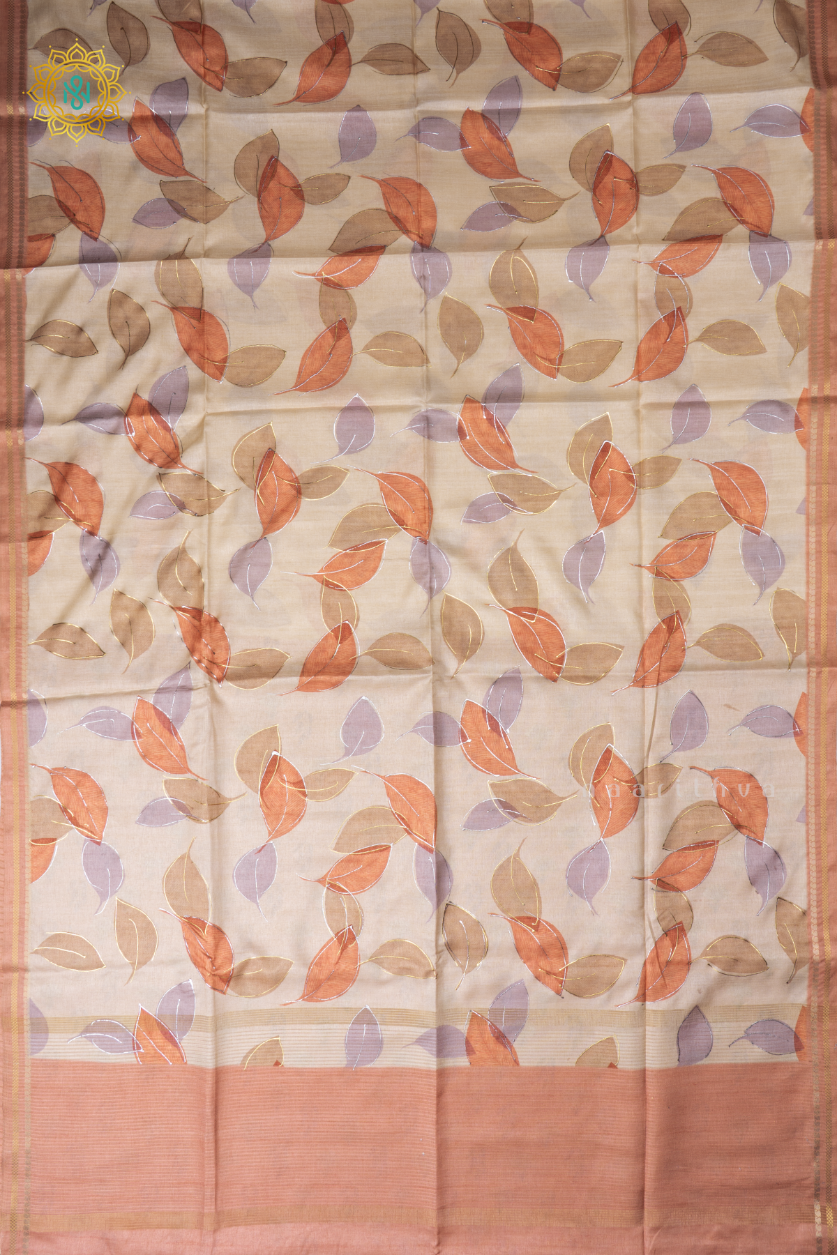 Off White With Peachish Orange Semi Tussar Silk Saree With Allover Leaf Prints On The Body With Contrast Pallu