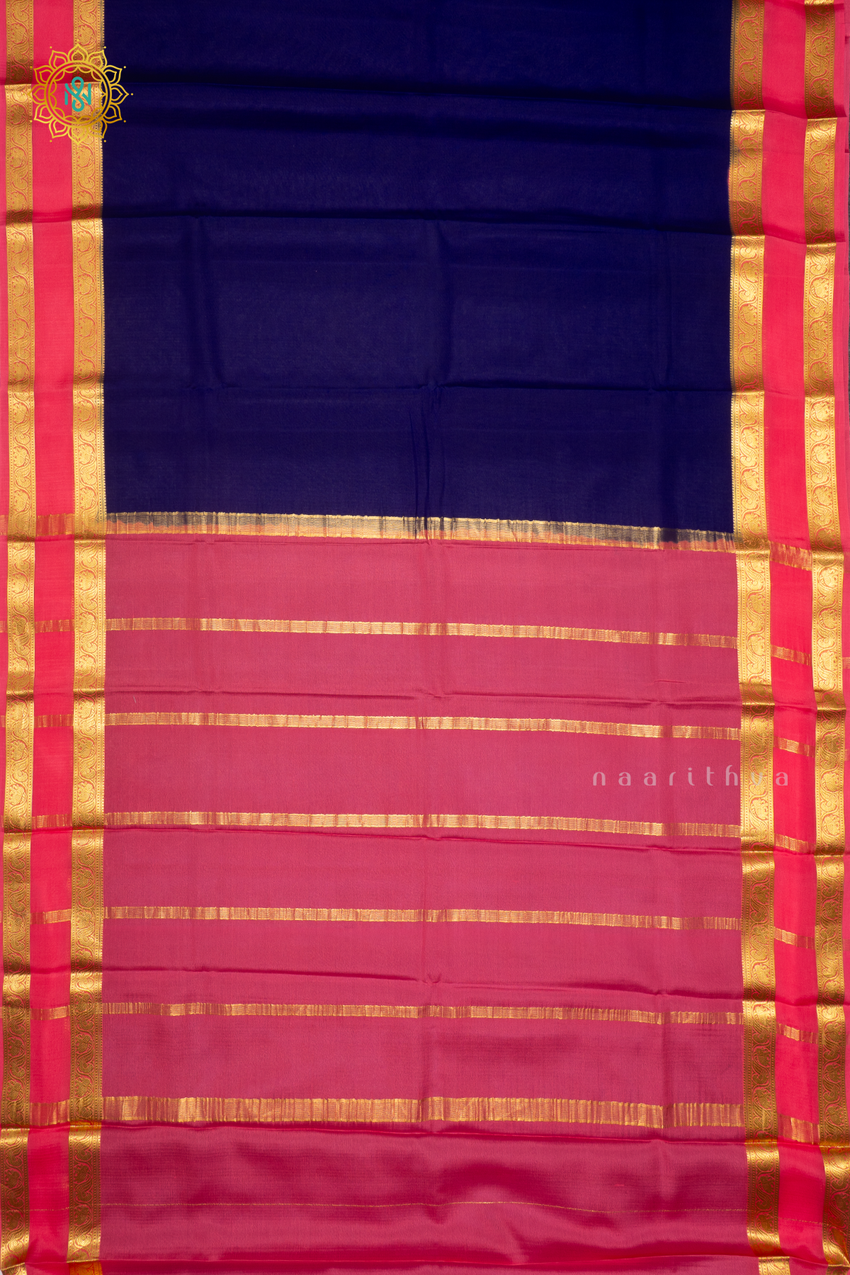 ROYAL BLUE WITH PEACHISH PINK - PURE MYSORE CREPE SILK