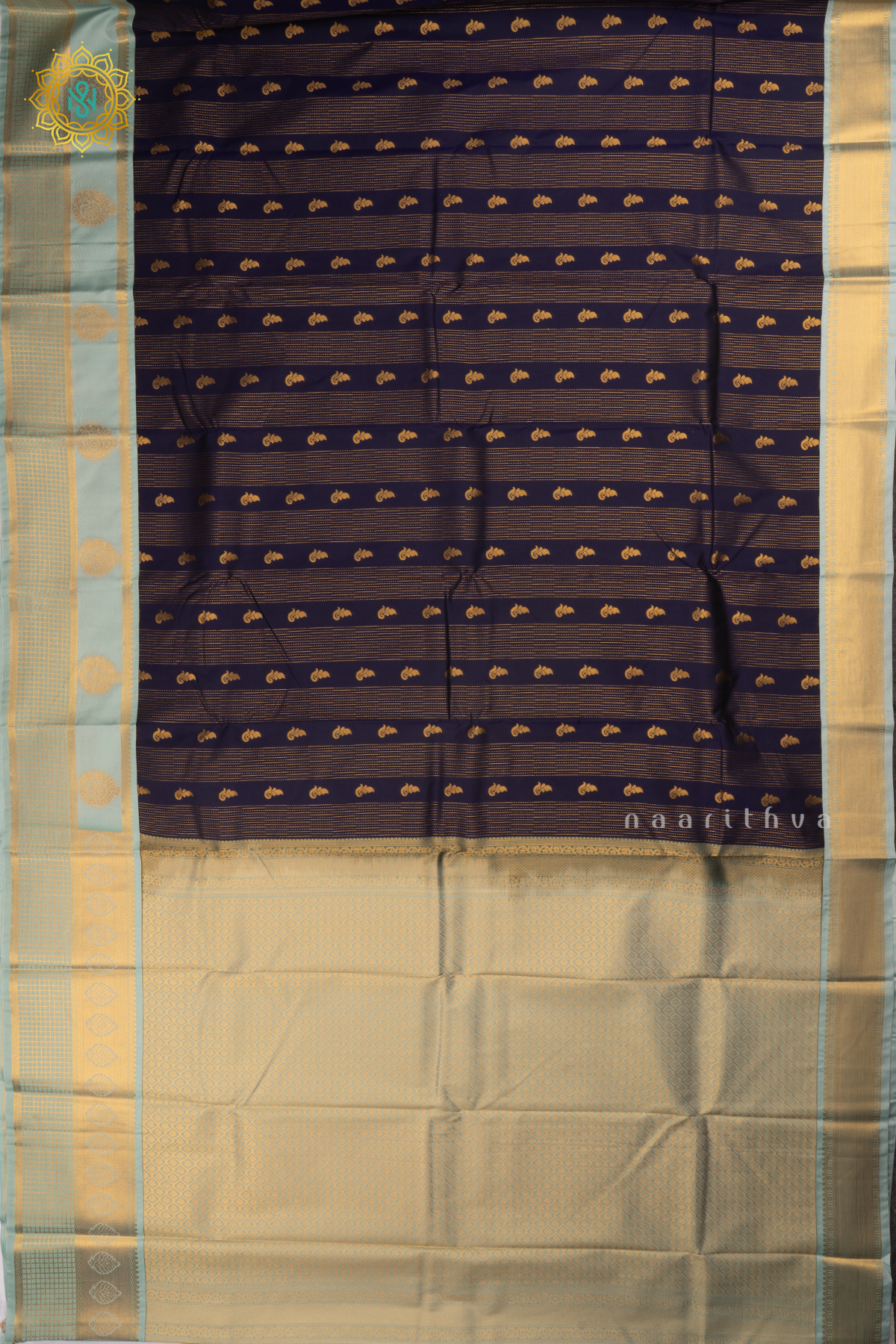 Navy Blue With Aqua Green Semi Kanchi Saree With Zari Buttas All Over And Contrast Zari Border