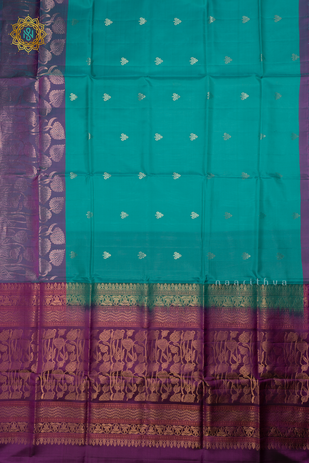 Aqua Blue with Purple Pure Mix Kanjivaram Soft Silk Saree with All-Over Zari Buttas and a Contrast Zari Border