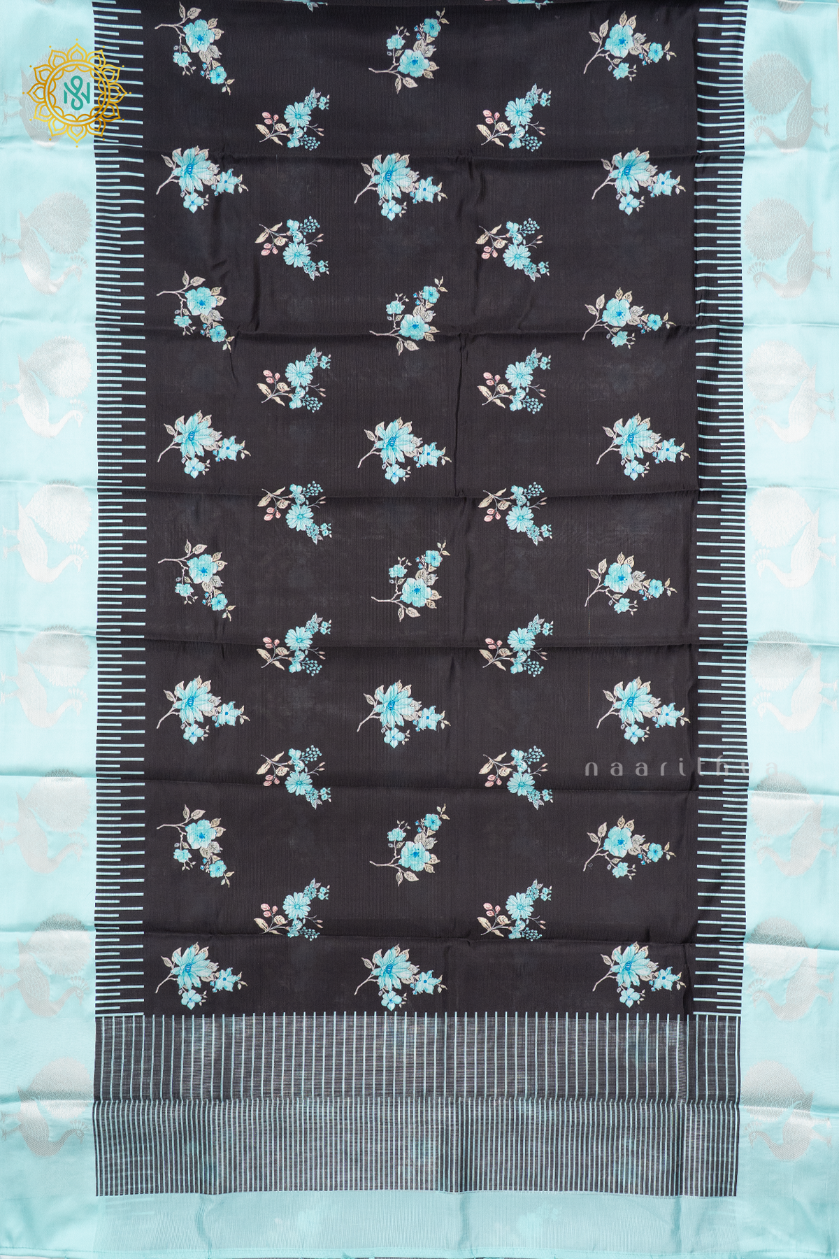 BLACK WITH AQUA BLUE - SEMI CREPE SILK