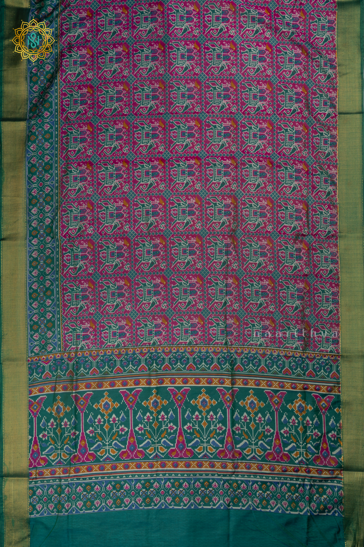 Lavender with Green - Semi Silk Saree Allover Patola Printed Body with Contrast Zari Border, Pallu and Blouse