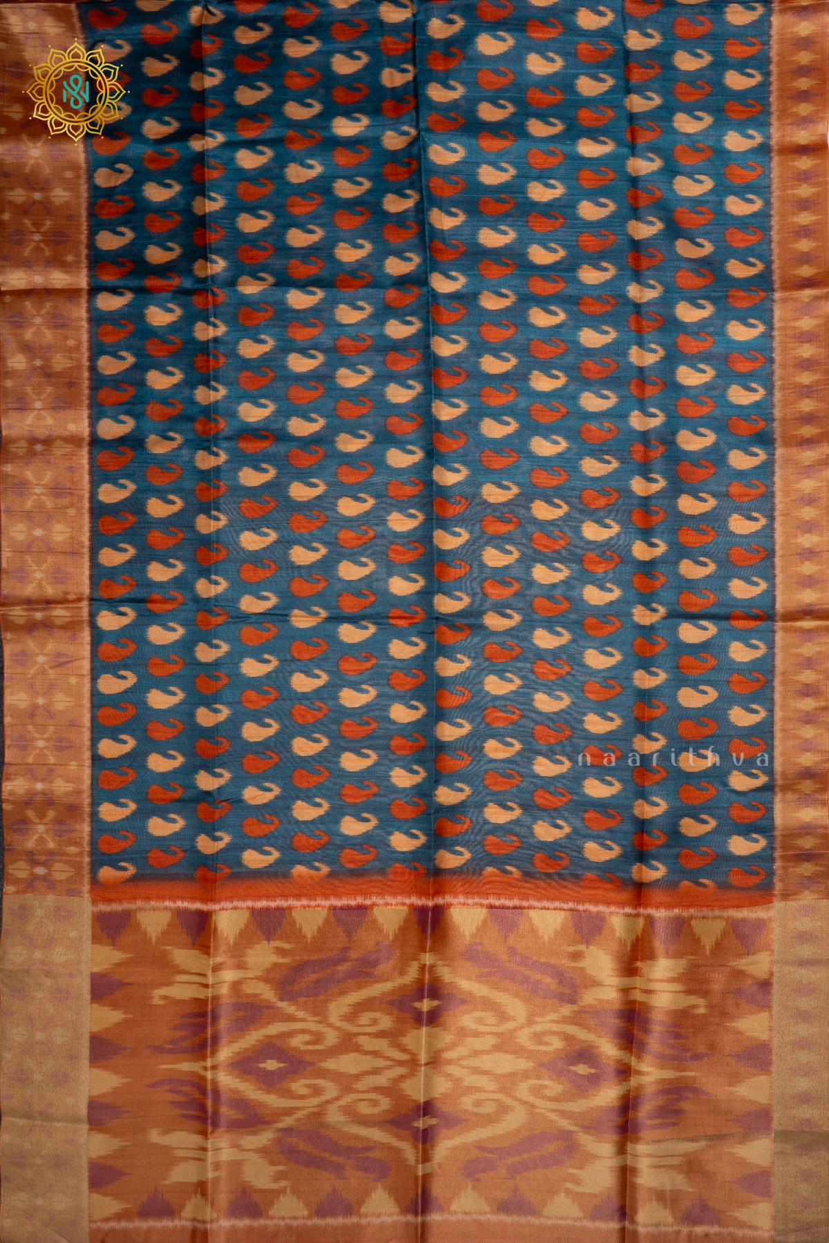 Teal Blue Light Orange Kotha Tussar Saree With Printed Body And Tissue Border