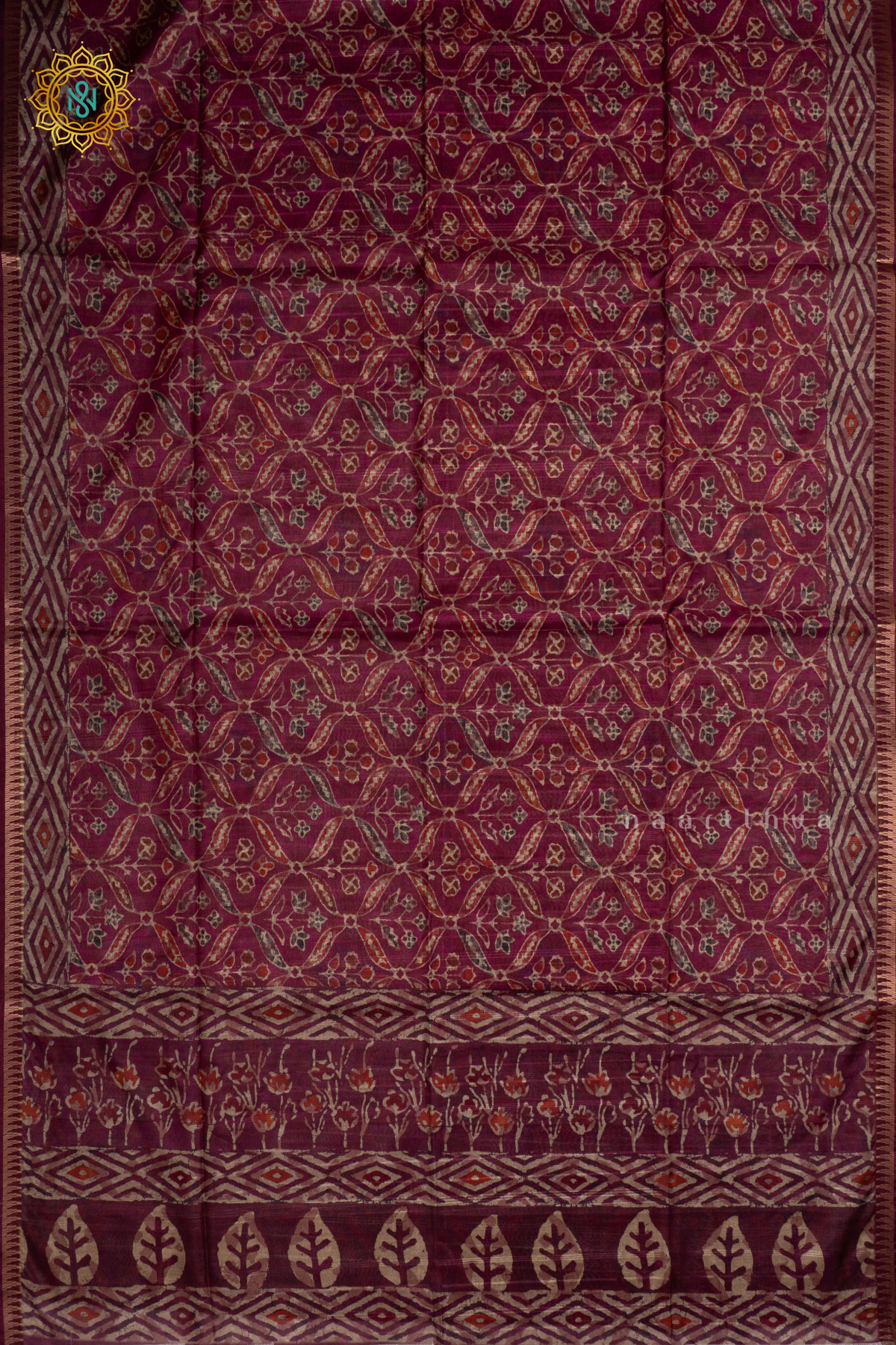 Magenta Semi Tussar Silk Saree With Printed Body And Temple Rising Border