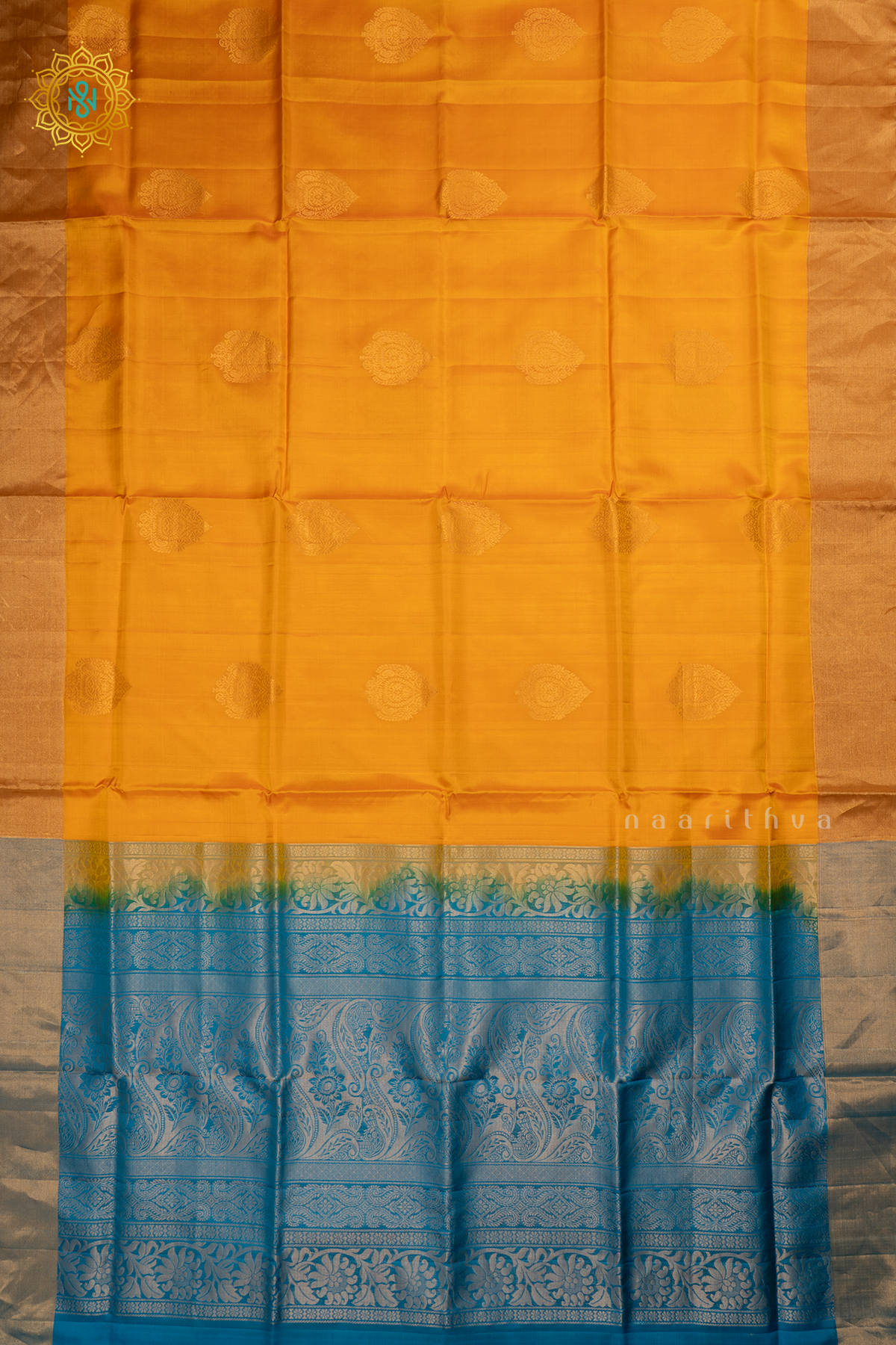 Yellow with Sky Blue Pure Mix Kanjivaram Soft Silk Saree with All-Over Zari Buttas and a Contrast Zari Border