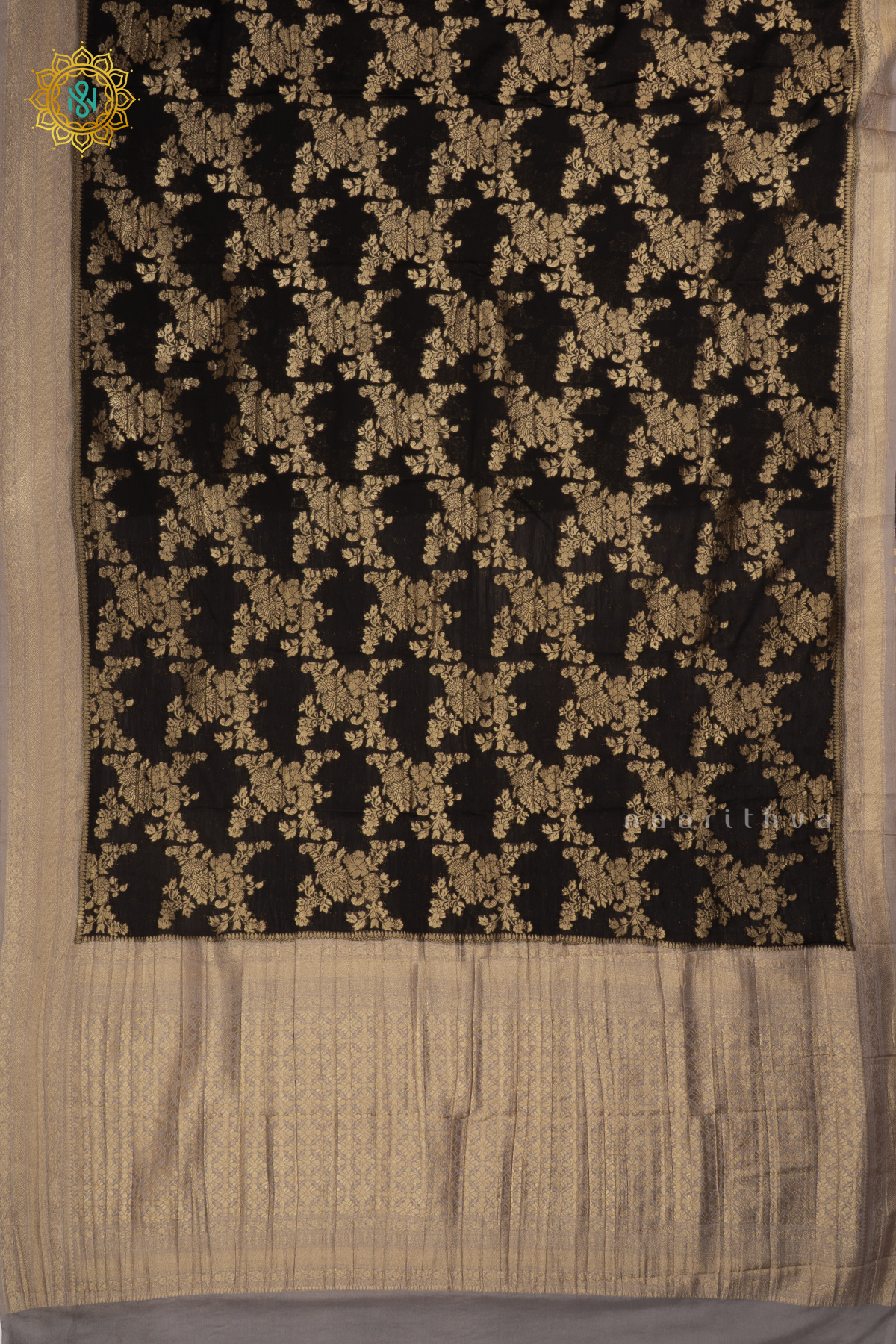 Black With Grey Semi Crepe Georgette With Zari Woven Floral Brocade Weaves And Zari Woven Contrast Border