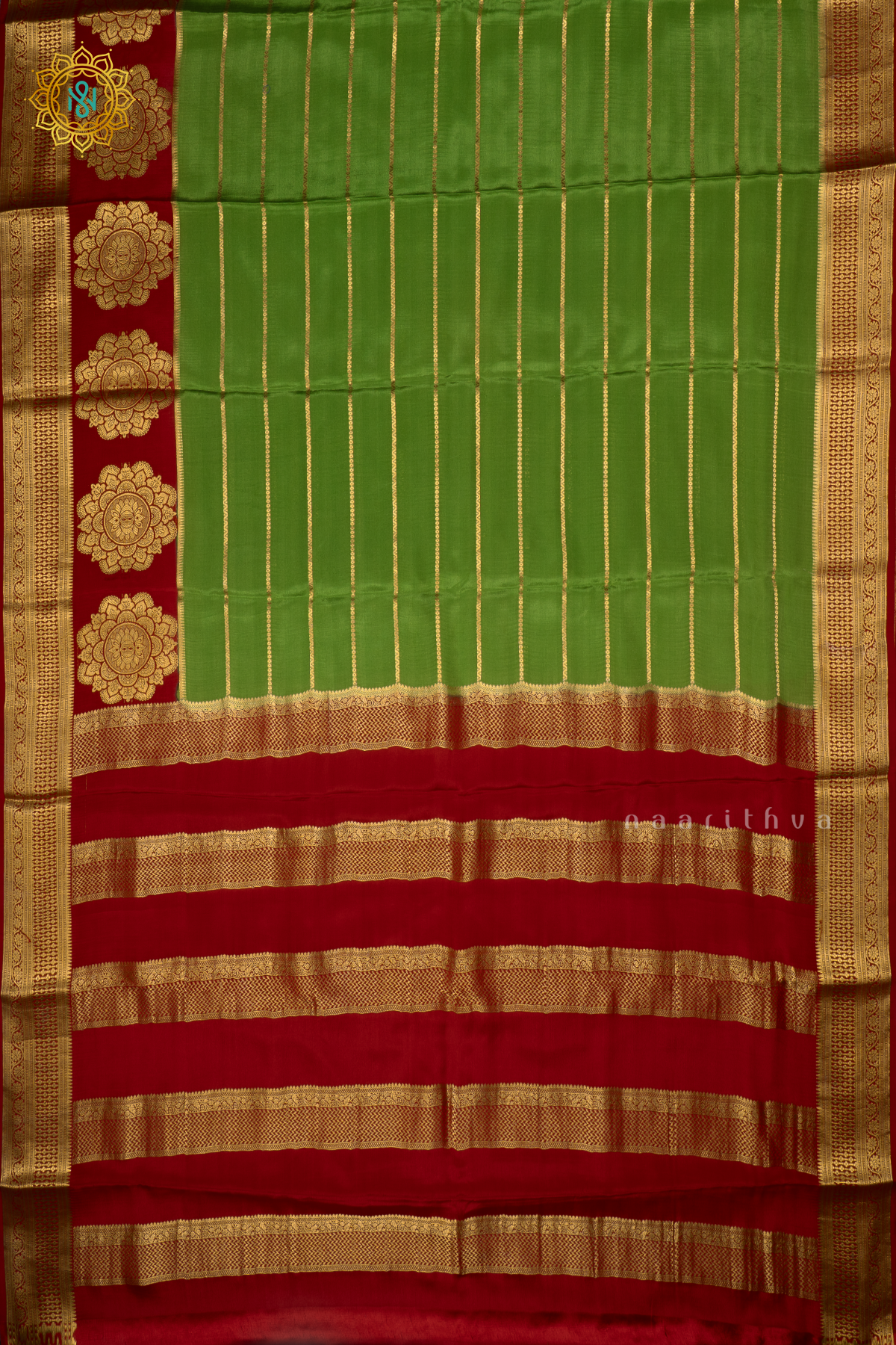 PARROT GREEN WITH RED - PURE MYSORE CREPE SILK