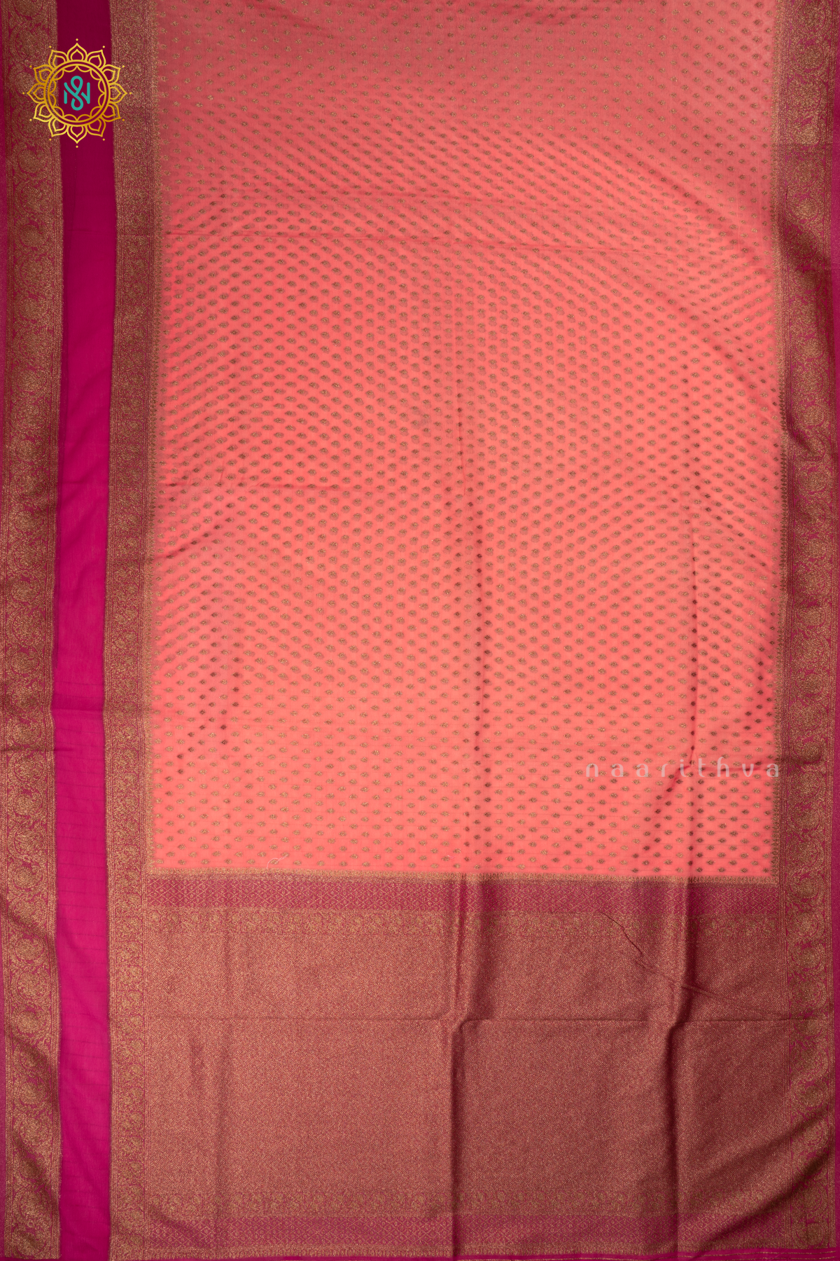 Peach With Pink Semi Georgette Saree Saree With Zari Buttas All Over And Contrast Zari Gap Border