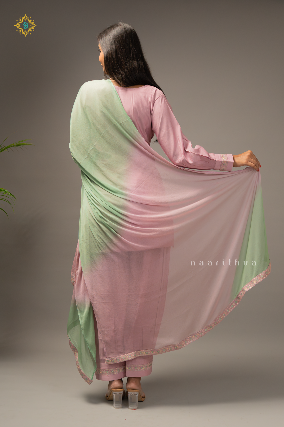 ONION PINK WITH GREEN - SILK 3PC SALWAR SUIT WITH TOP, BOTTOM & DUPATTA
