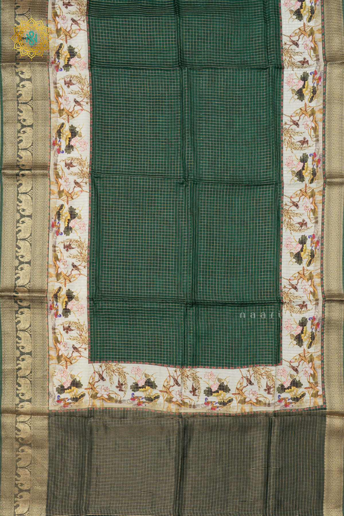 GREEN WITH WHITE - SEMI CREPE SILK