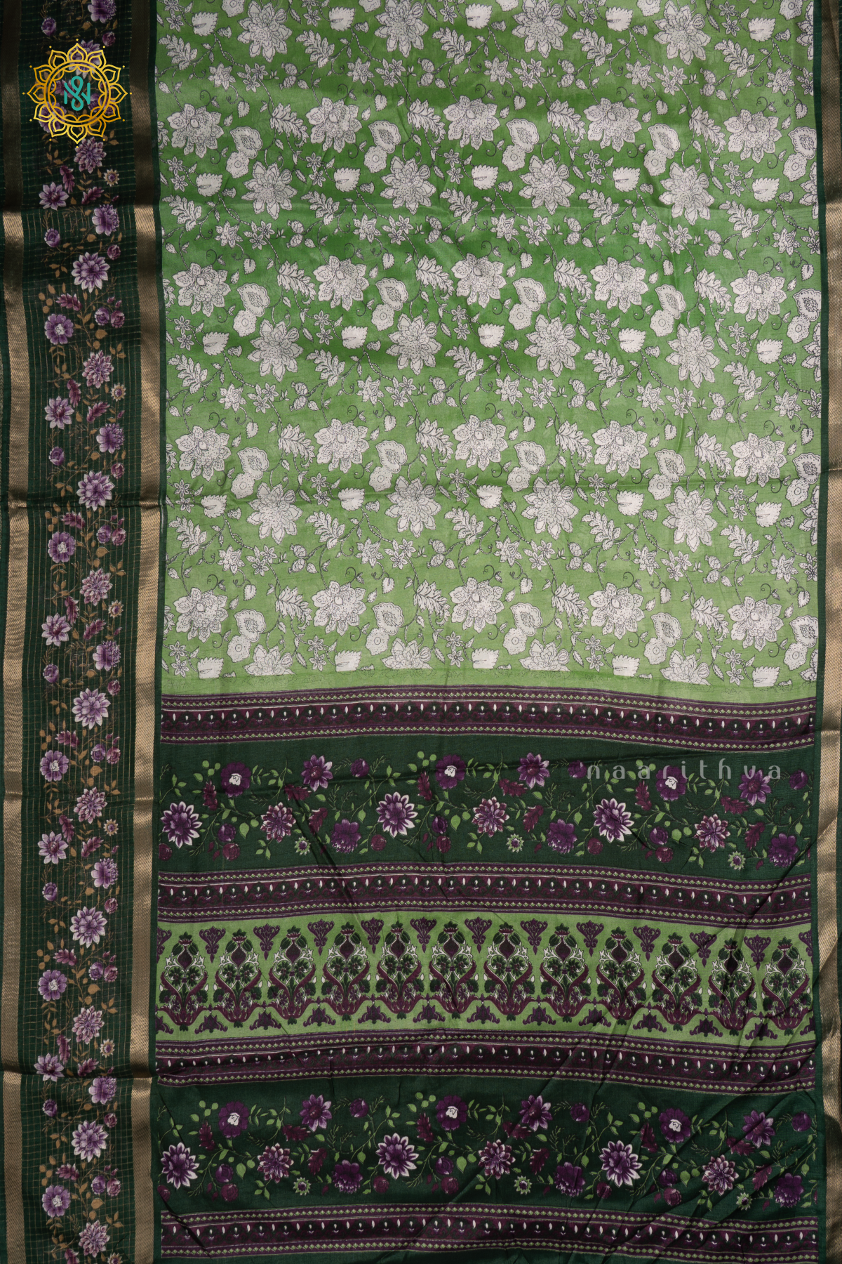 Light Green With Bottle Green Dola Silk Saree With Printed Body And Contrast Zari Checks Border