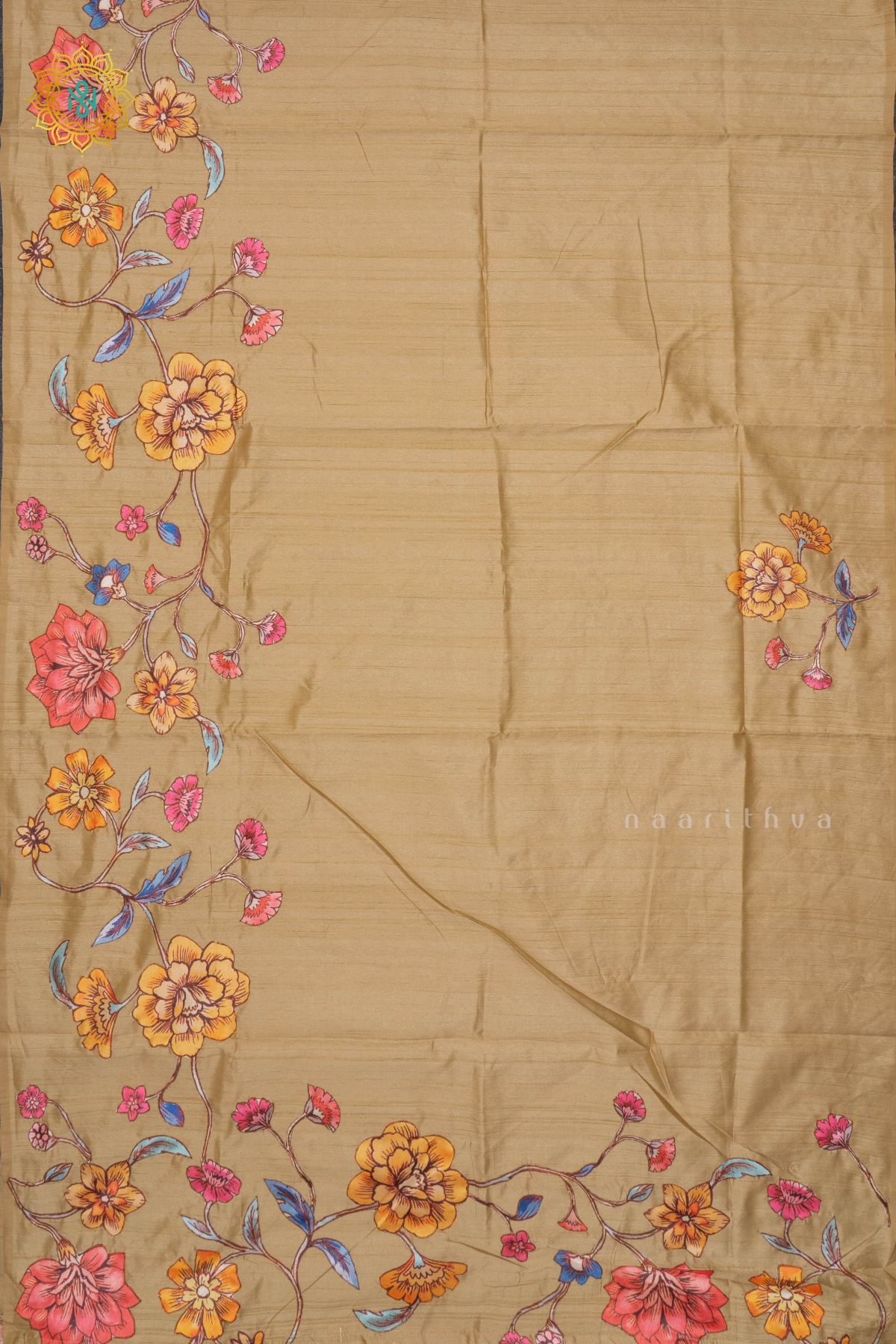 BEIGE WITH OFF WHITE - SEMI TUSSAR WITH APPLIQUE WORK