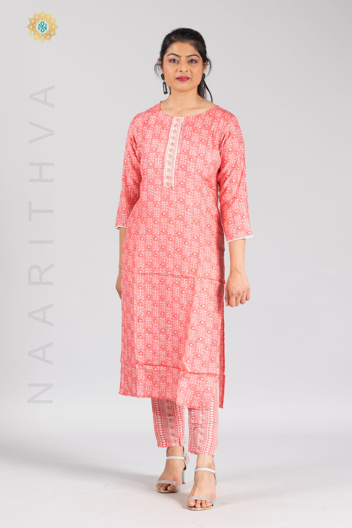 PEACH - PRINTED STRAIGHT CUT KURTI & BOTTOM SUIT