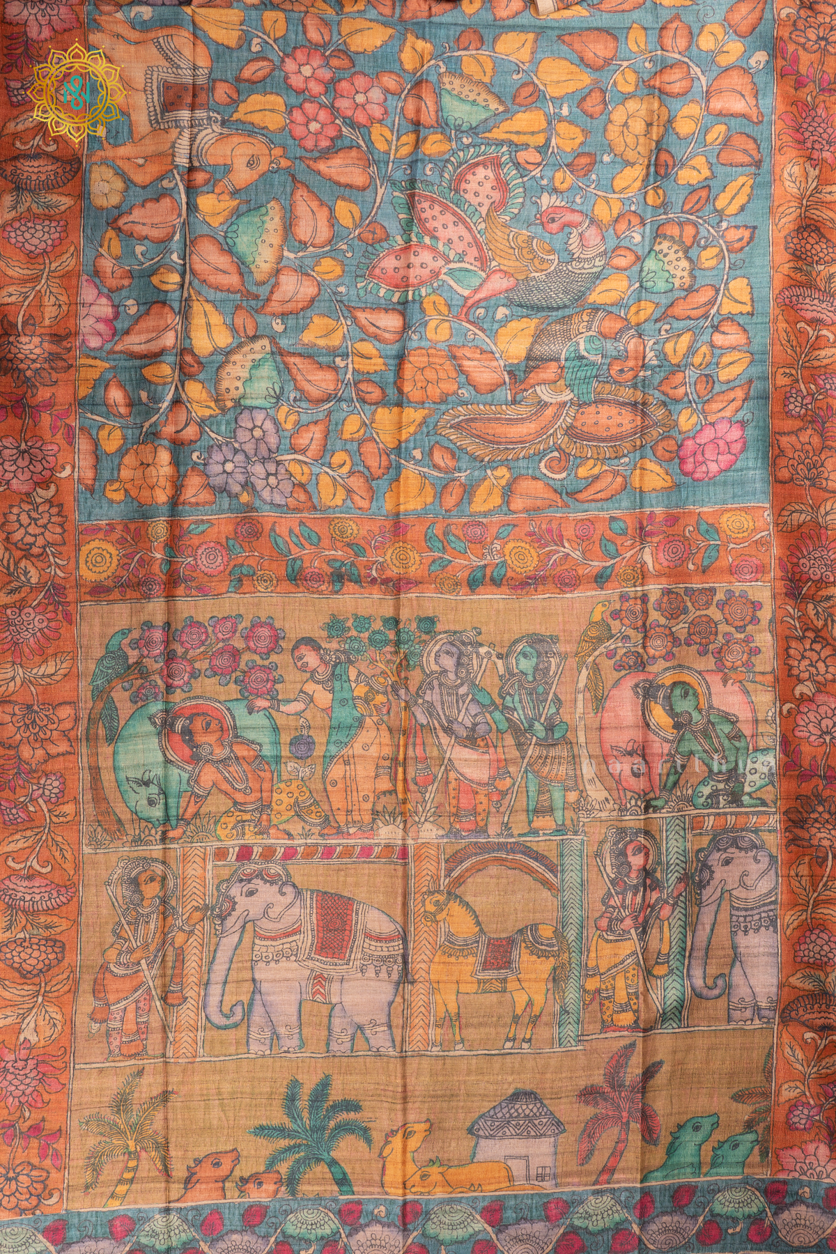 Aqua Green With Light Brown - Semi Gicha Tussar Saree Allover Kalamkari Printed Body With Pallu And Blouse