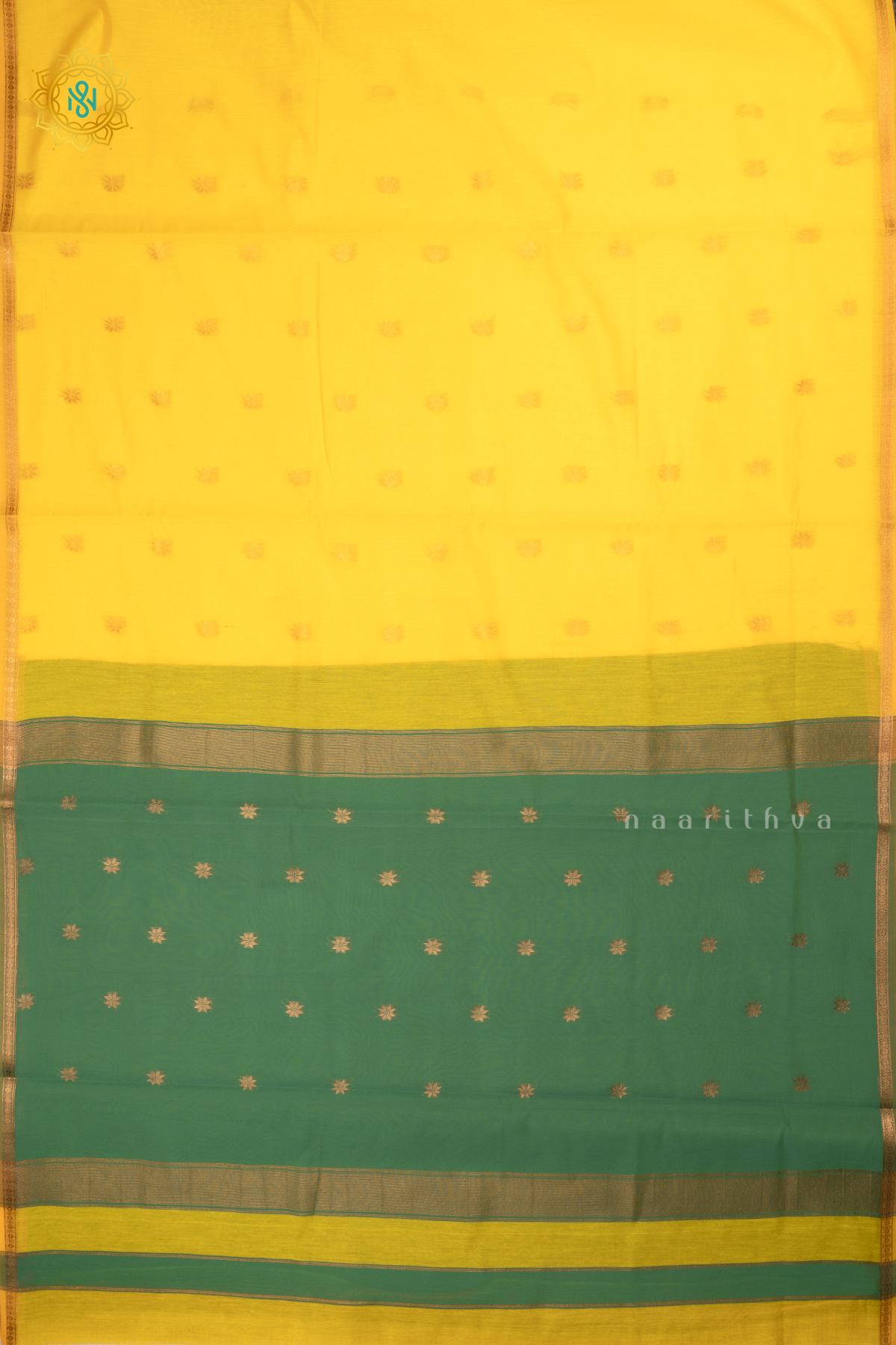 Yellow With Green Silk Cotton Saree Allover Zari Woven Buttas With Contrast Zari Border
