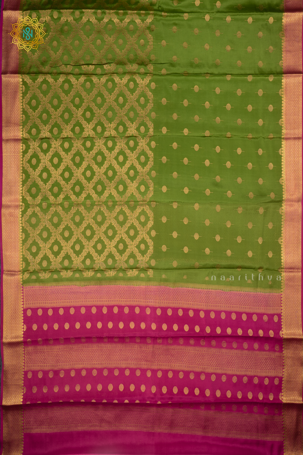 OLIVE GREEN WITH RANI PINK- PURE MYSORE CREPE SILK