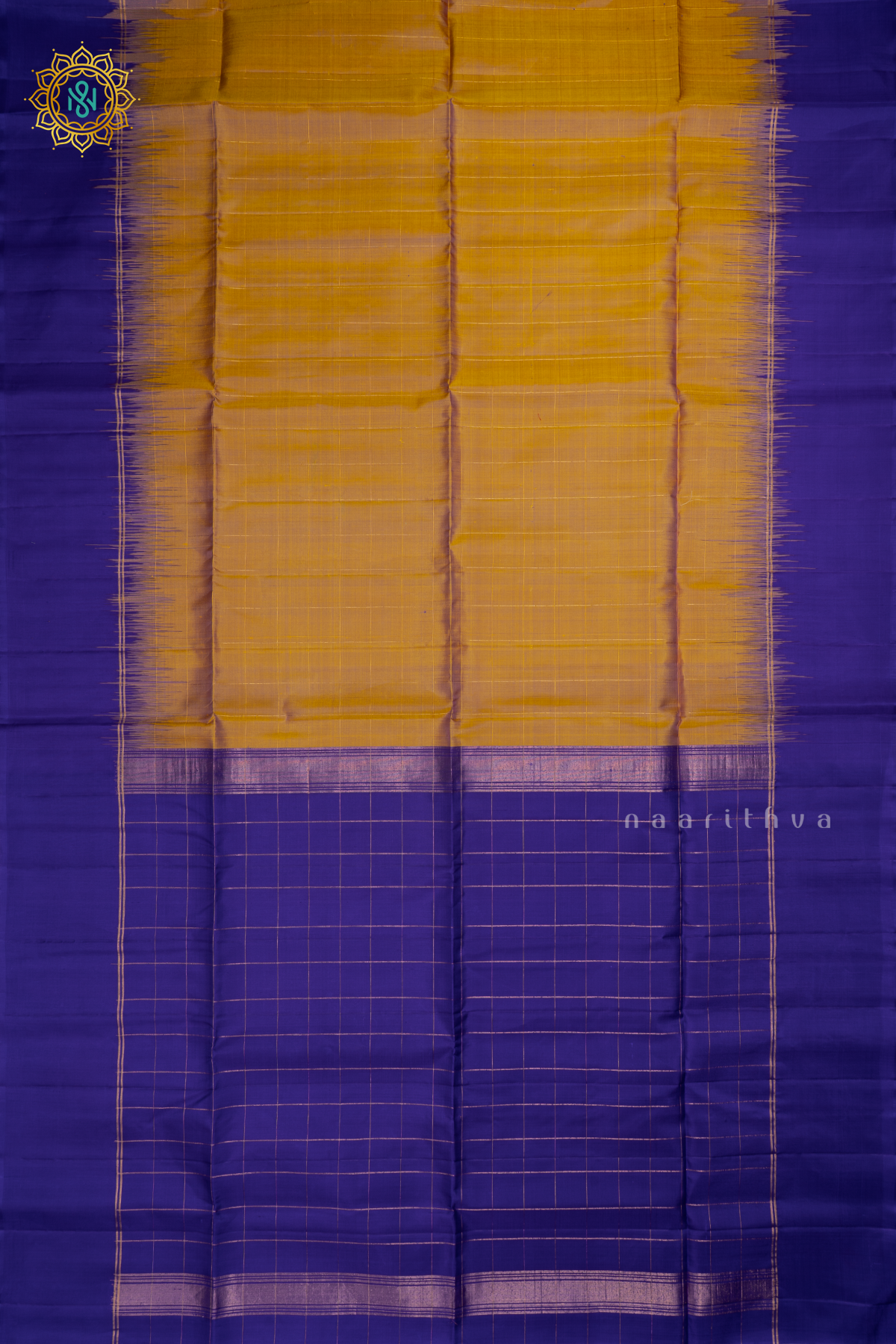 Dual Shade Of Gold With Royal Blue Pure Kanjiavaram Soft Silk Saree with Zari Checks All Over and Contrast Border