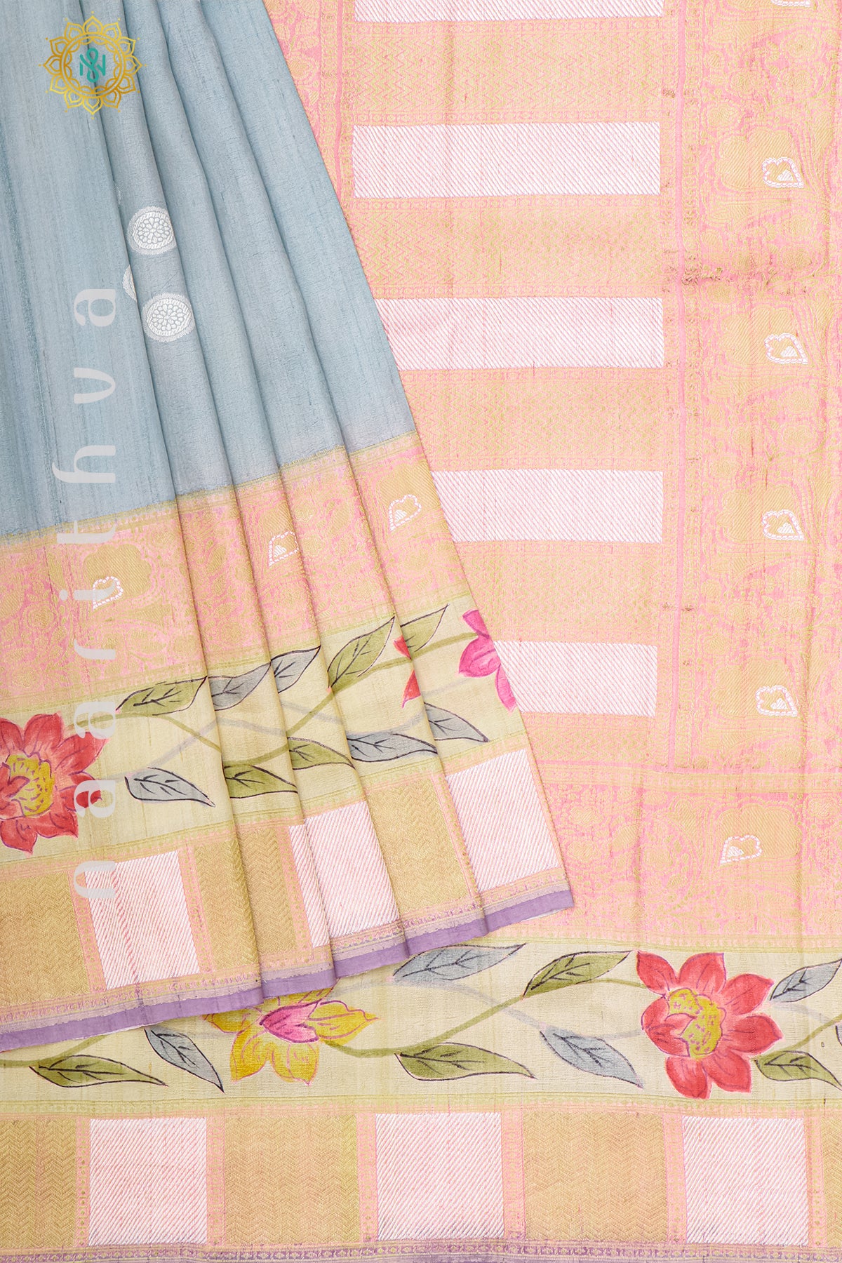 AQUA BLUE WITH PEACH & LAVENDER - PURE HAND PAINTED TUSSAR GEORGETTE