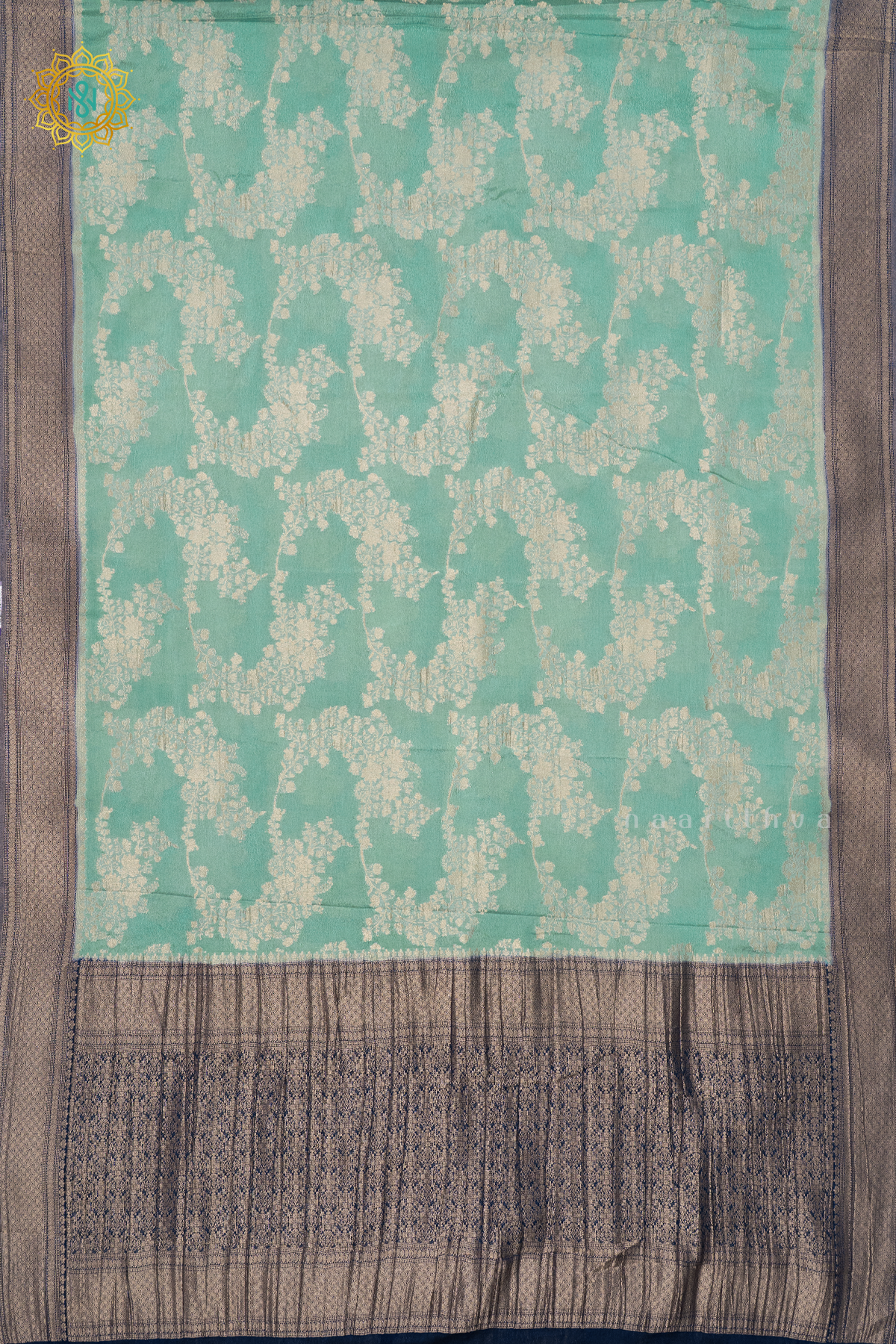 AQUA GREEN WITH NAVY BLUE - SEMI CREPE GEORGETTE