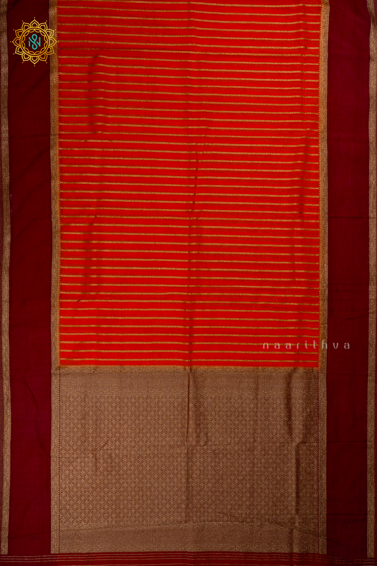 Orange with Wine Semi Chiffon Georgette Saree with Allover Zari Stripes and Zari Gap Border