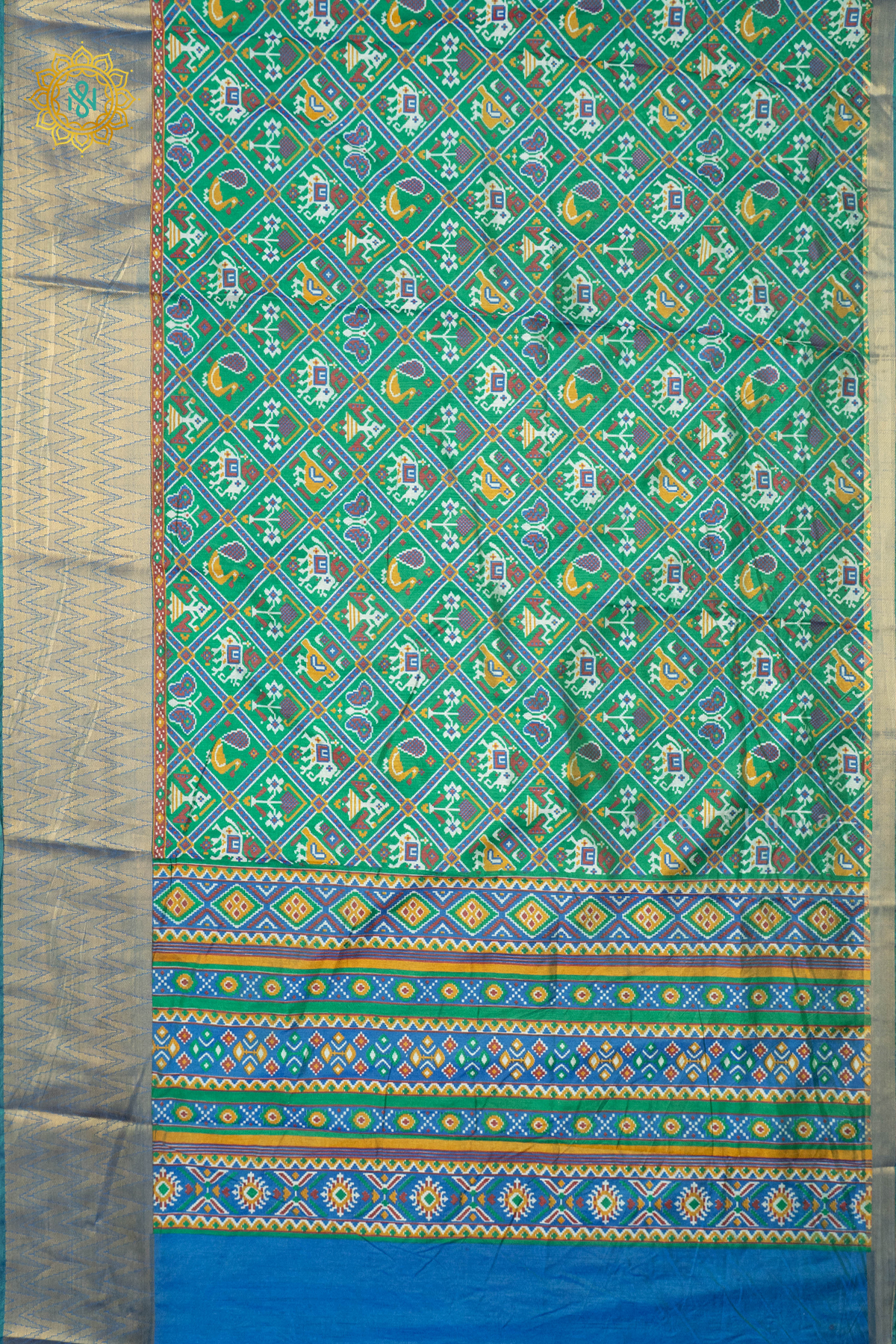 GREEN WITH SKY BLUE - SEMI SILK WITH PATOLA PRINTS