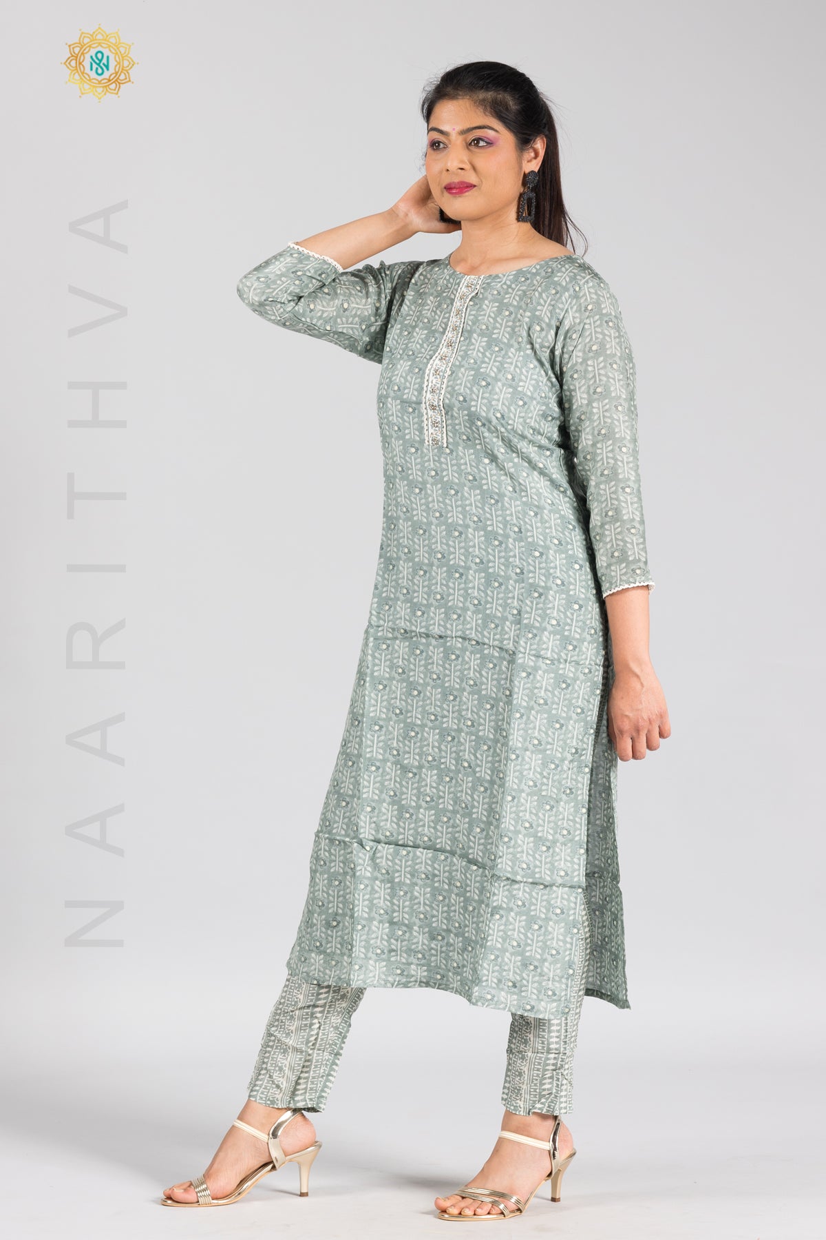 GREENISH GREY - PRINTED STRAIGHT CUT KURTI & BOTTOM SUIT