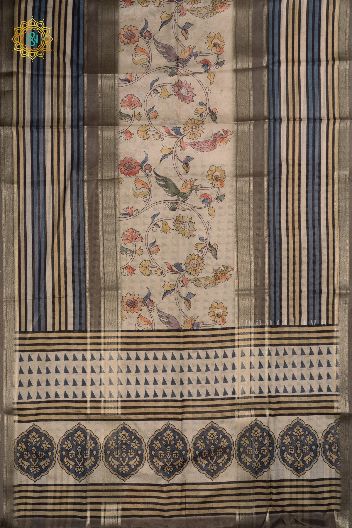 Grey - Semi Crepe Silk Saree Allover Printed Body with Zari Stripes with Pallu and Blouse