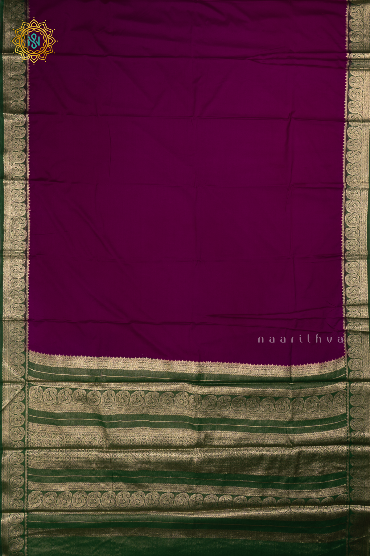 Wine With Bottle Green Semi Mysore Crepe Saree With Plain Body And Contrast Mango Zari Border