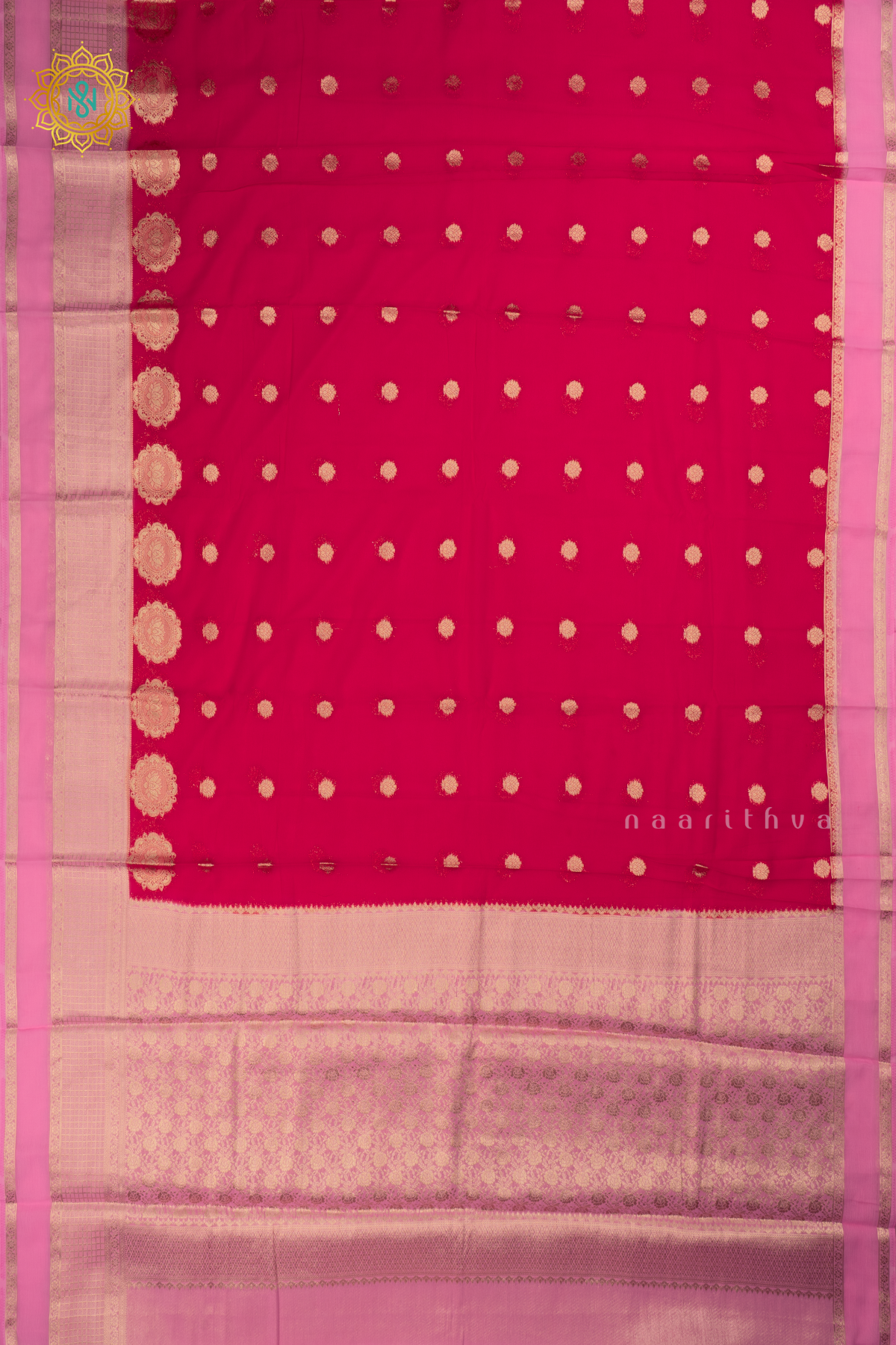 Rani Pink with Light Pink Semi Chiffon Georgette Saree with Allover Zari Buttas and Zari Checks Border