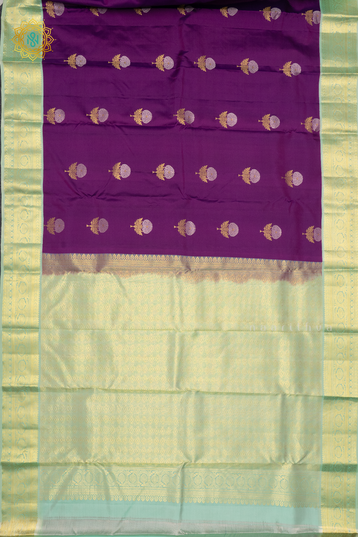PURPLE WITH AQUA GREEN - PURE KANJIVARAM SILK