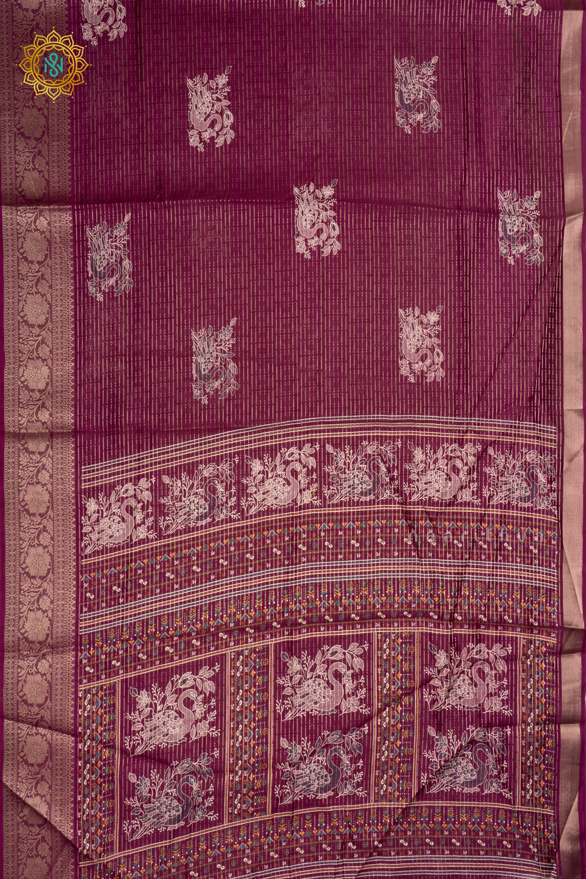 Wine Dola Silk Saree With Allover Printed Buttas And Zari Stripes With Zari Border