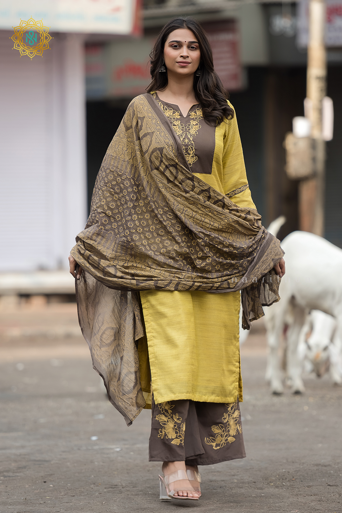 YELLOW WITH BROWN - LINEN BY COTTON 3PC SALWAR SUIT WITH TOP, BOTTOM & DUPATTA