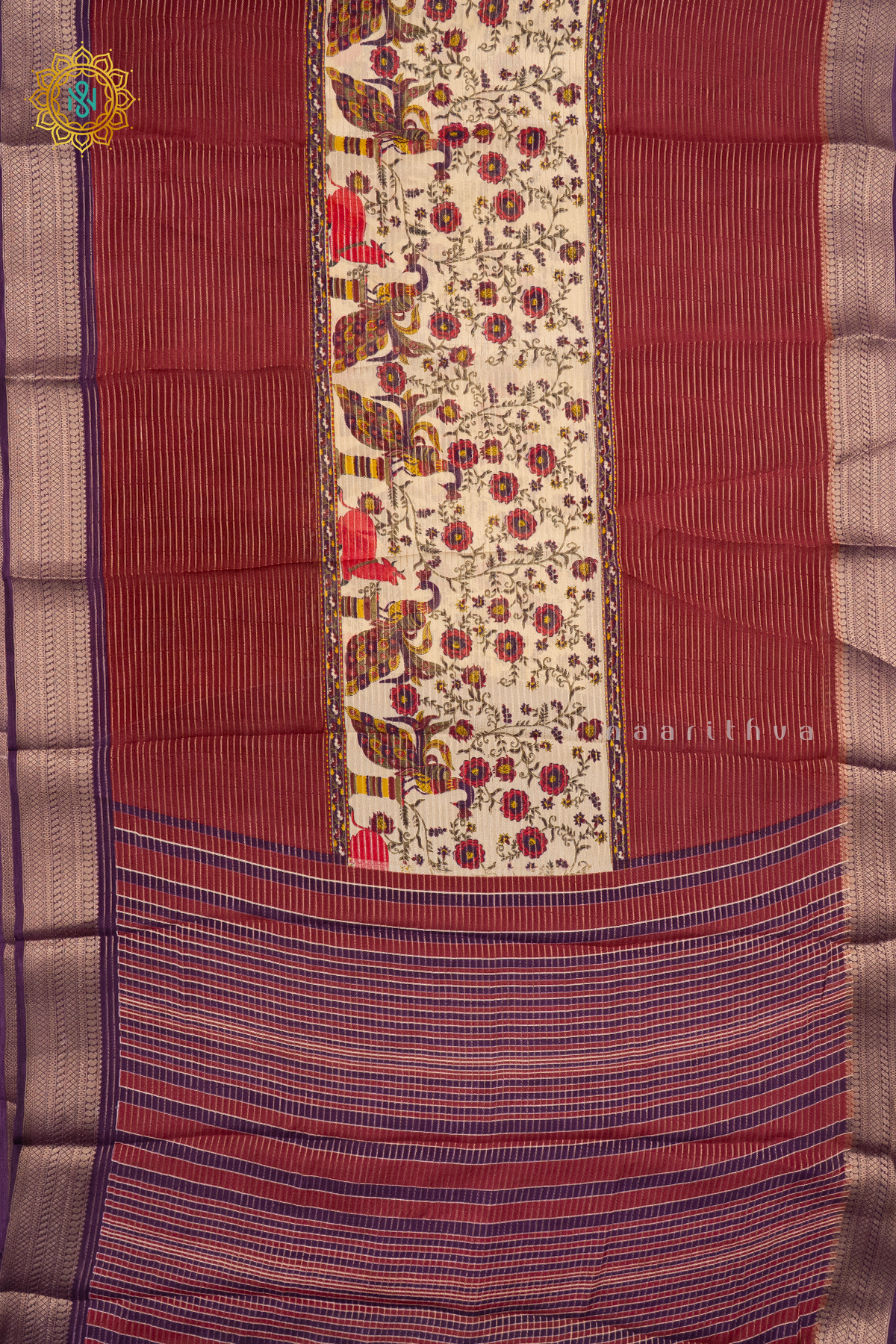 OFF WHITE WITH MAROON & PURPLE - SEMI GEORGETTE