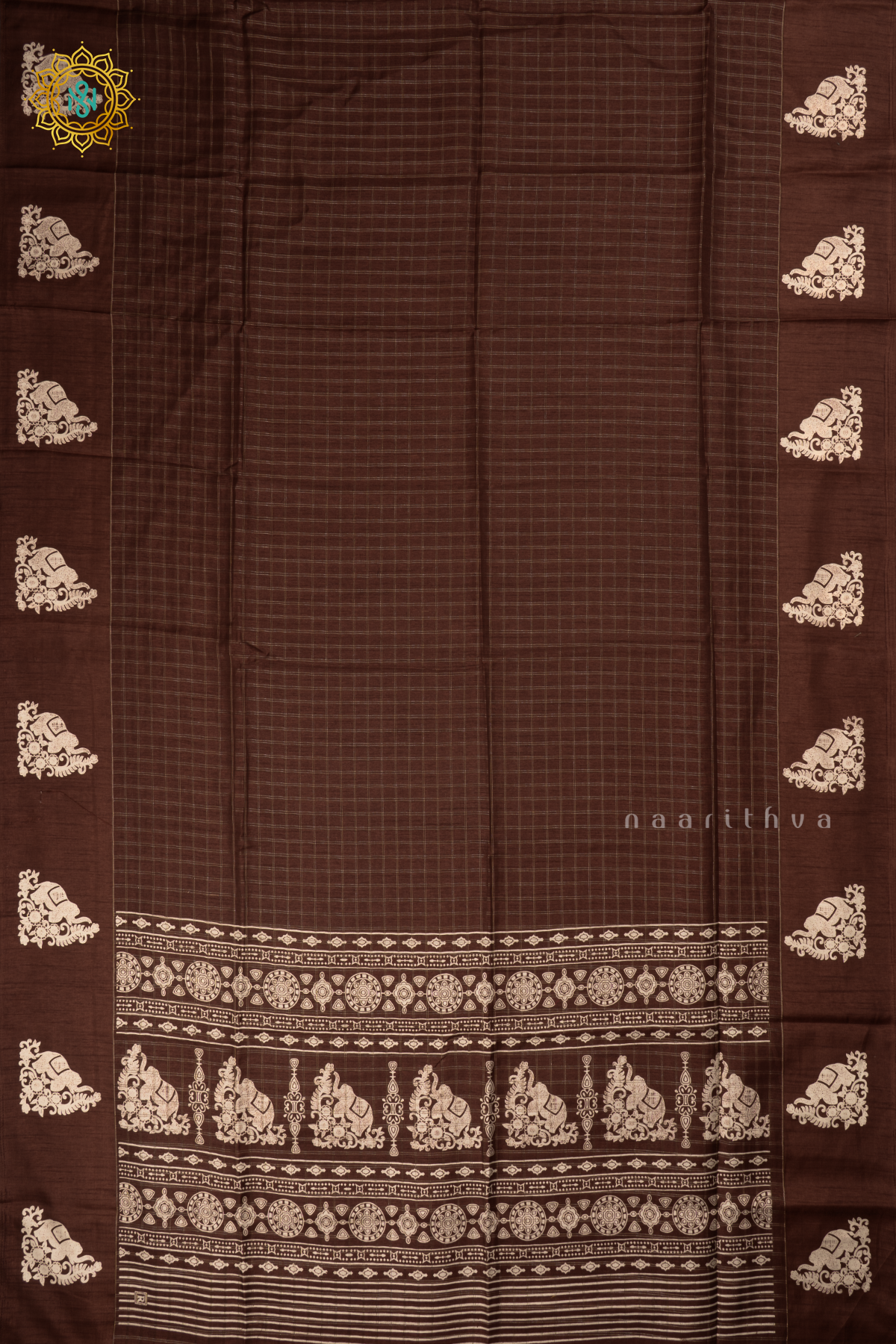 Brown - Dola Silk Saree Allover Zari Checks and Printed Pallu with Satin Printed Border