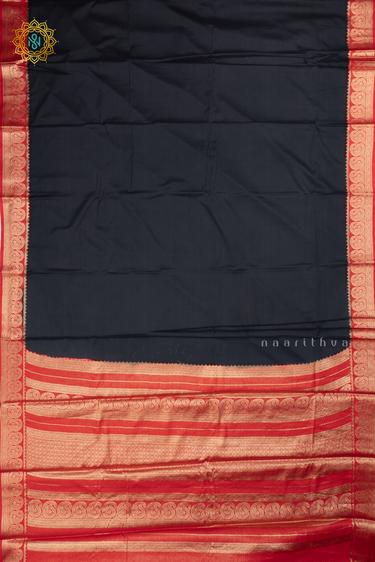 Elephant Grey With Red Semi Mysore Crepe Saree With Plain Body And Contrast Mango Zari Border