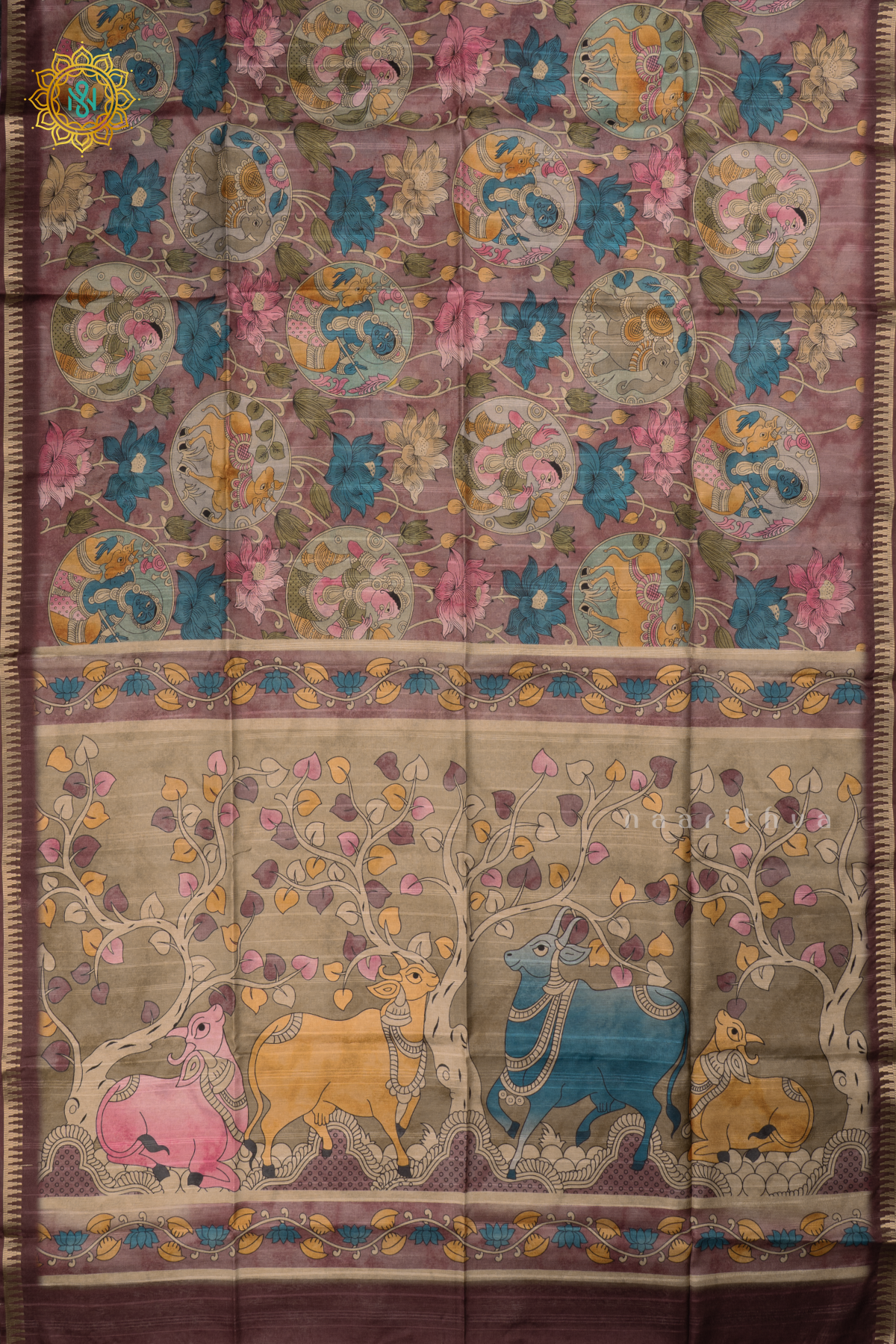 Light Brown Semi Tussar Silk Saree With Kalamkari Prints allover the body,Pallu and Zari Border