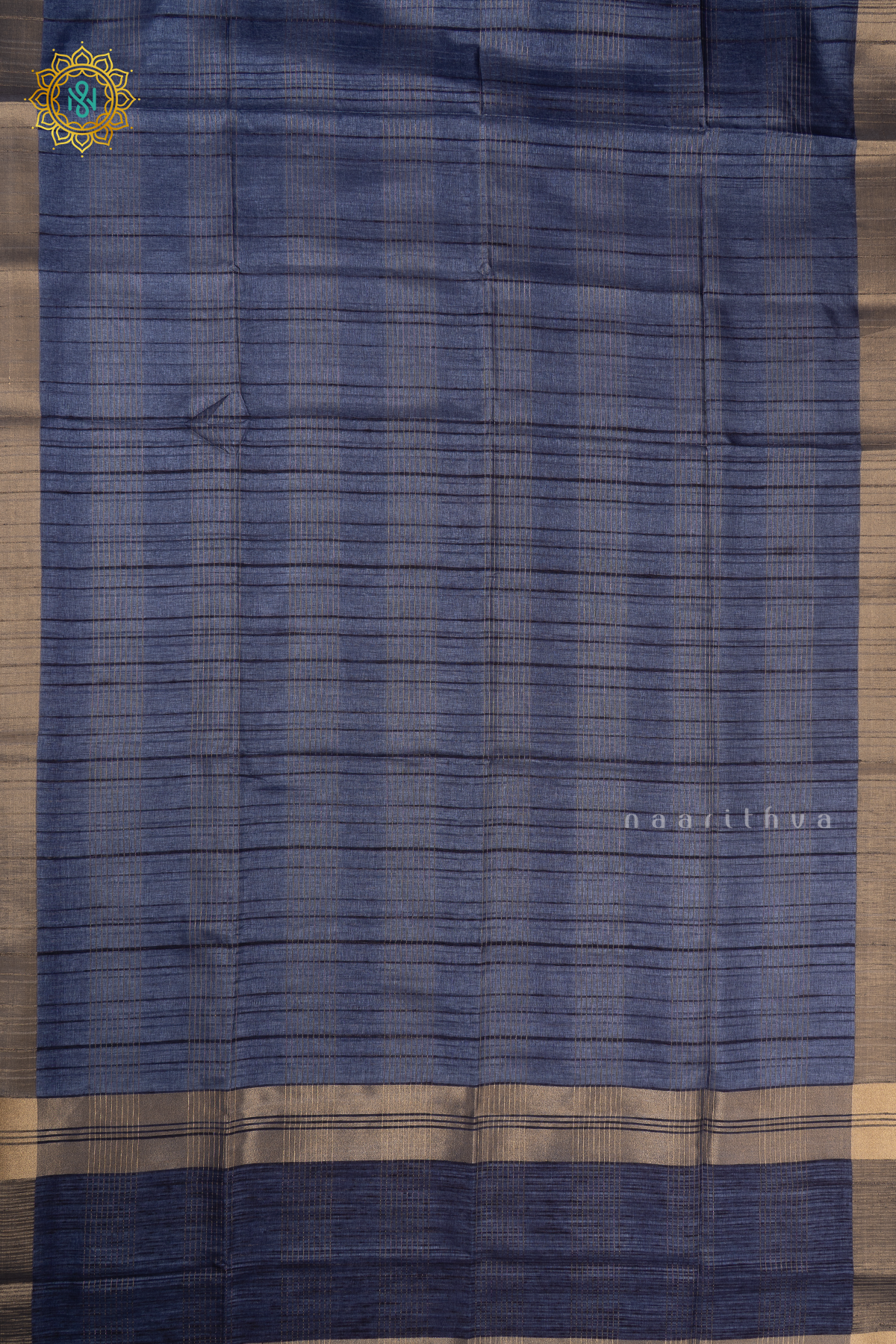 Navy Blue Semi Tussar Silk Saree With Zari Stripes On The Body And Zari Border