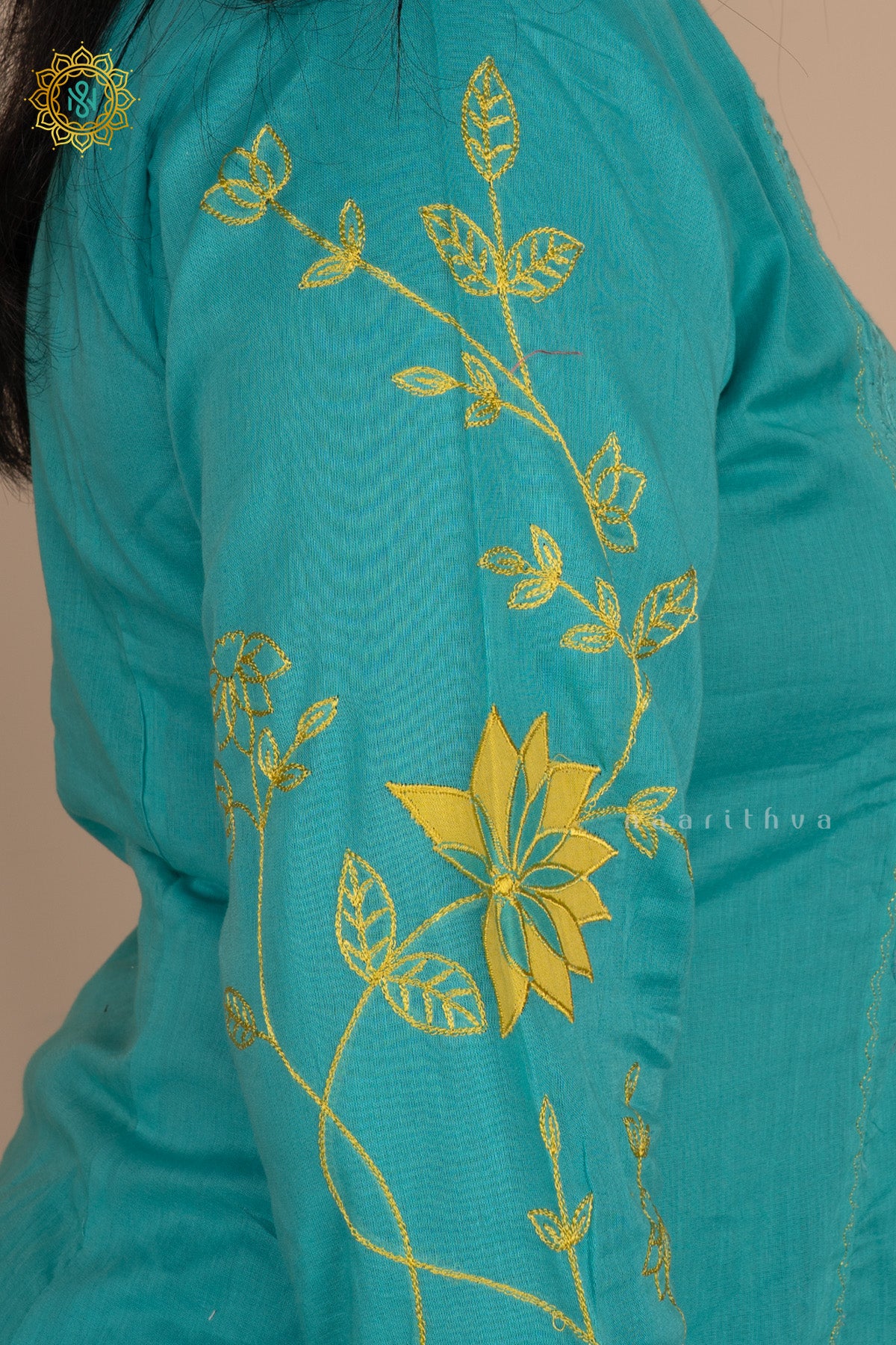 Aqua Blue with Yellow Mul Chanderi 3Pc Salwar Suit With Kota Cotton Dupatta