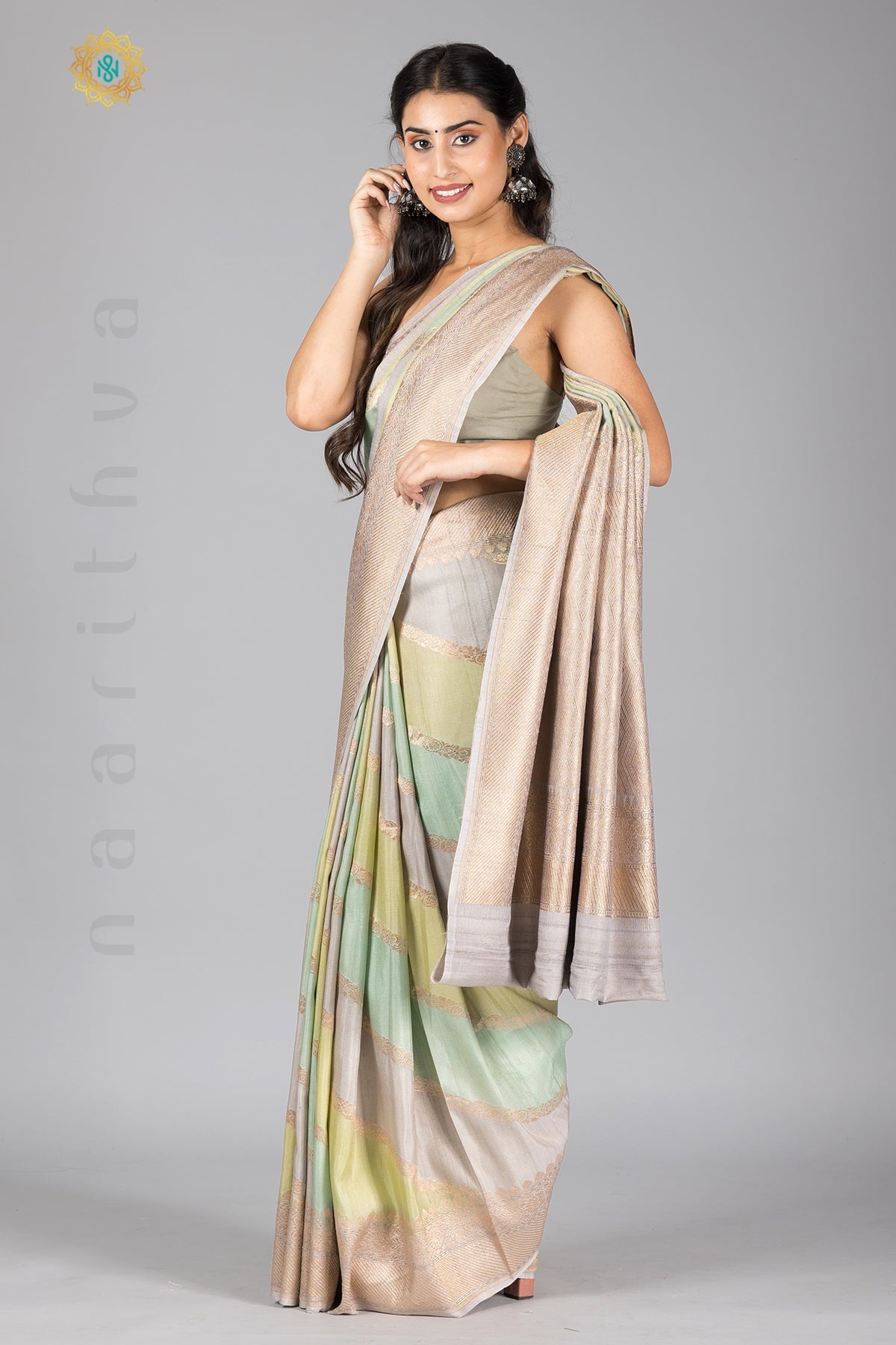 PASTEL SHADES OF BLUE, GREEN & GREY - PURE HANDLOOM TUSSAR GEORGETTE WITH WATER ZARI WEAVES