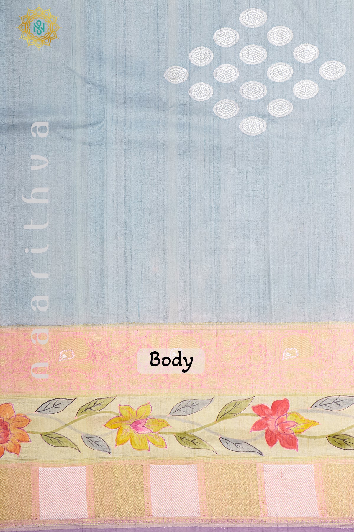 AQUA BLUE WITH PEACH & LAVENDER - PURE HAND PAINTED TUSSAR GEORGETTE