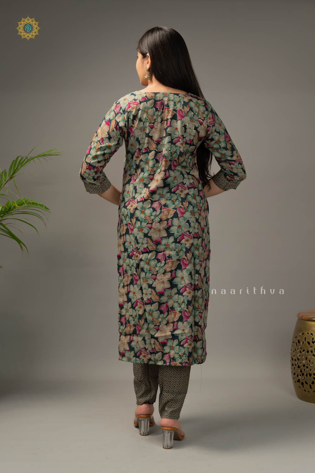 BOTTLE GREEN - COTTON 3PC SALWAR SUIT WITH FLORAL PRINTED TOP, BOTTOM & DUPATTA