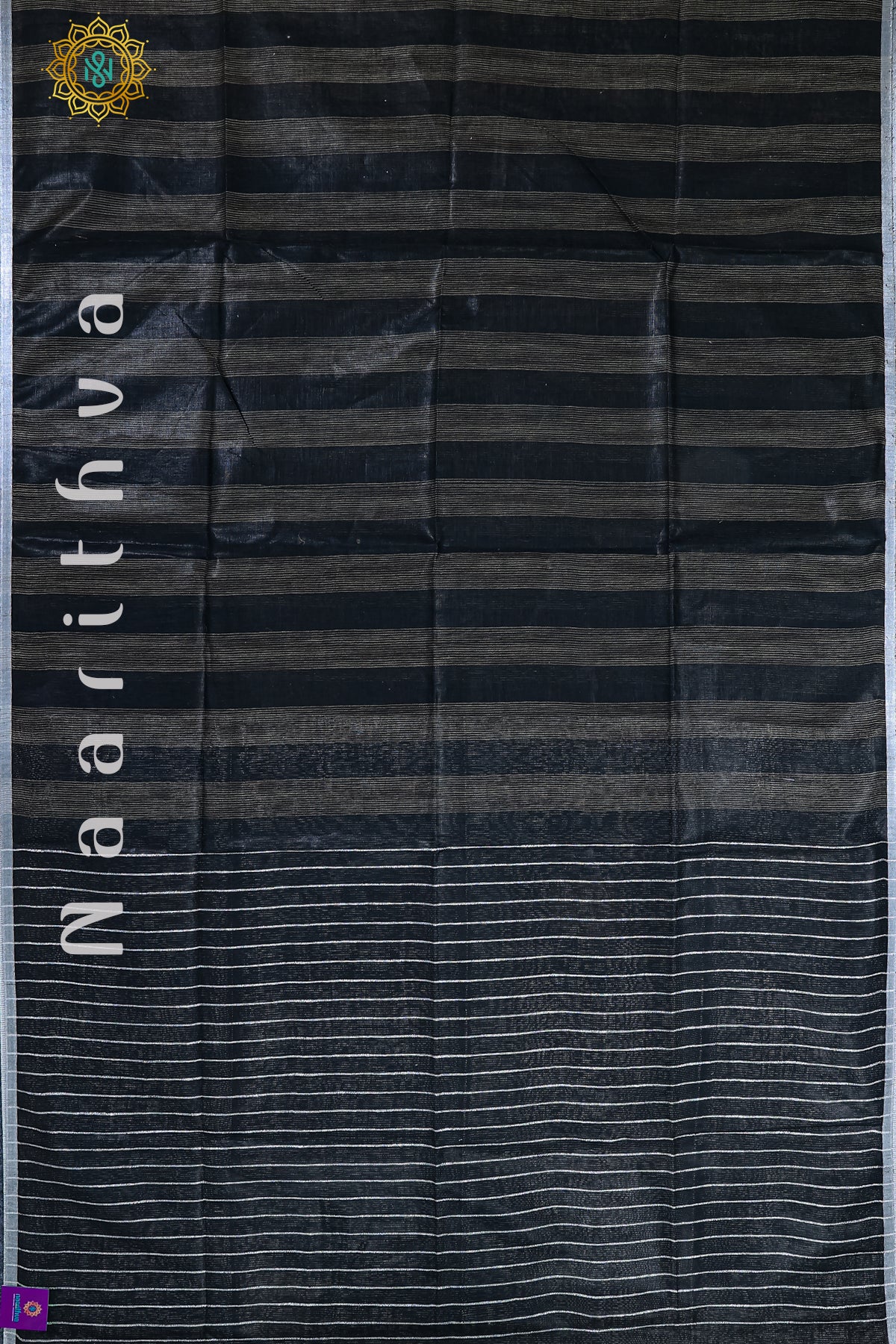 Black With Grey Pure Linen Saree With Vertical Stripes On The Body And Silver Woven Zari Border