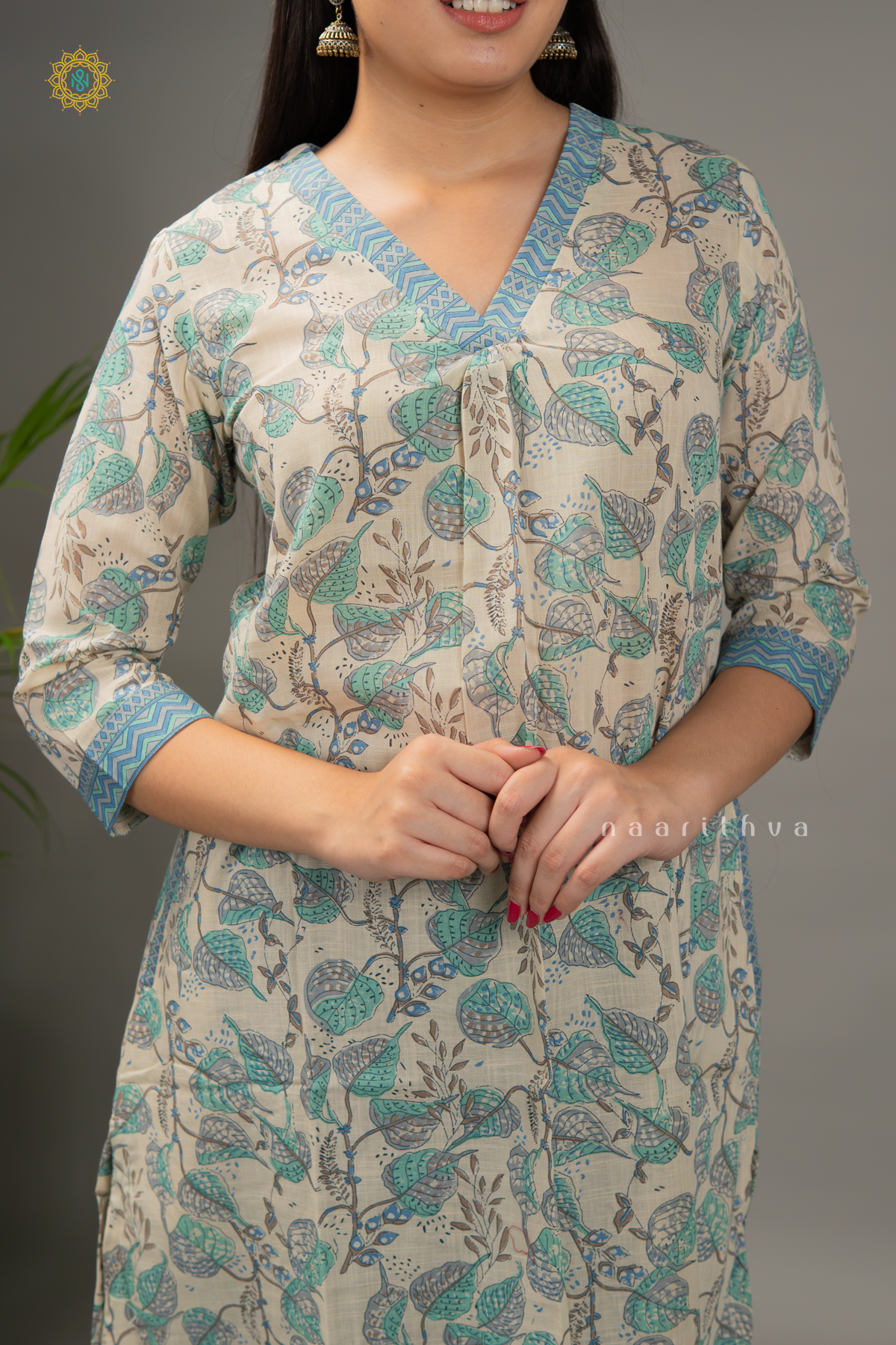 WHITE WITH AQUA GREEN & BLUE - LINEN COTTON 2PC SALWAR SUIT WITH PRINTED TOP & BOTTOM