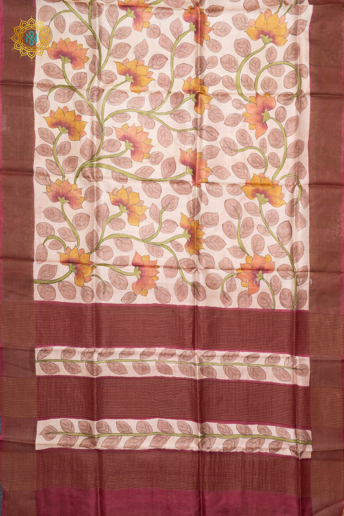 MUSTARD WITH PINK - PURE TUSSAR SILK WITH HAND PAINTED