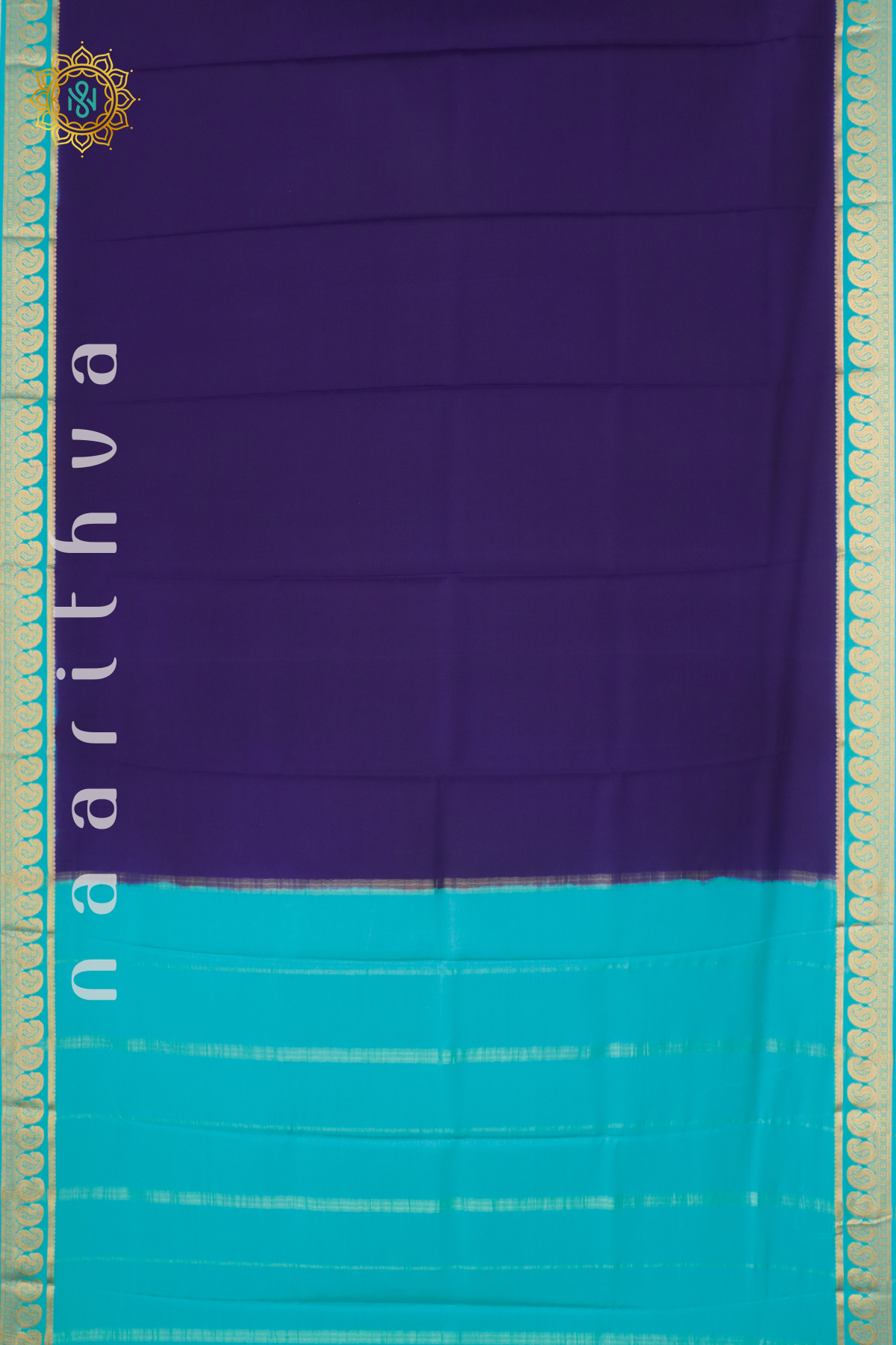 Navy Blue with Aqua Blue Pure Mysore Crepe Silk Allover Plain Body with Contrast Zari Border